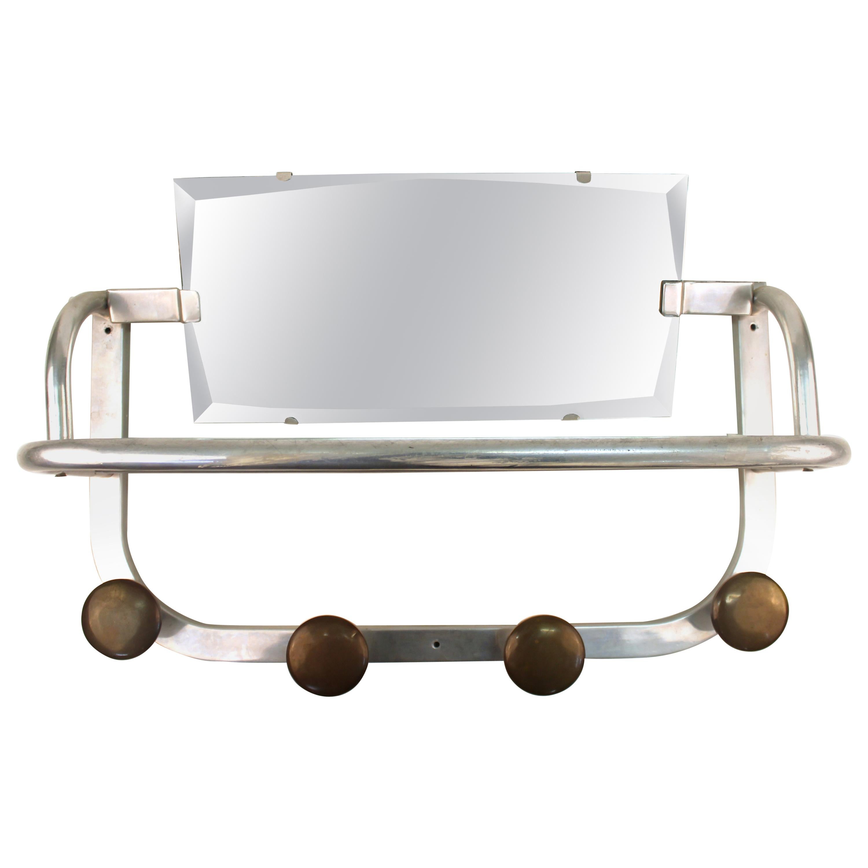 Art Deco Coat and Hat Rack in Aluminium with Mirror