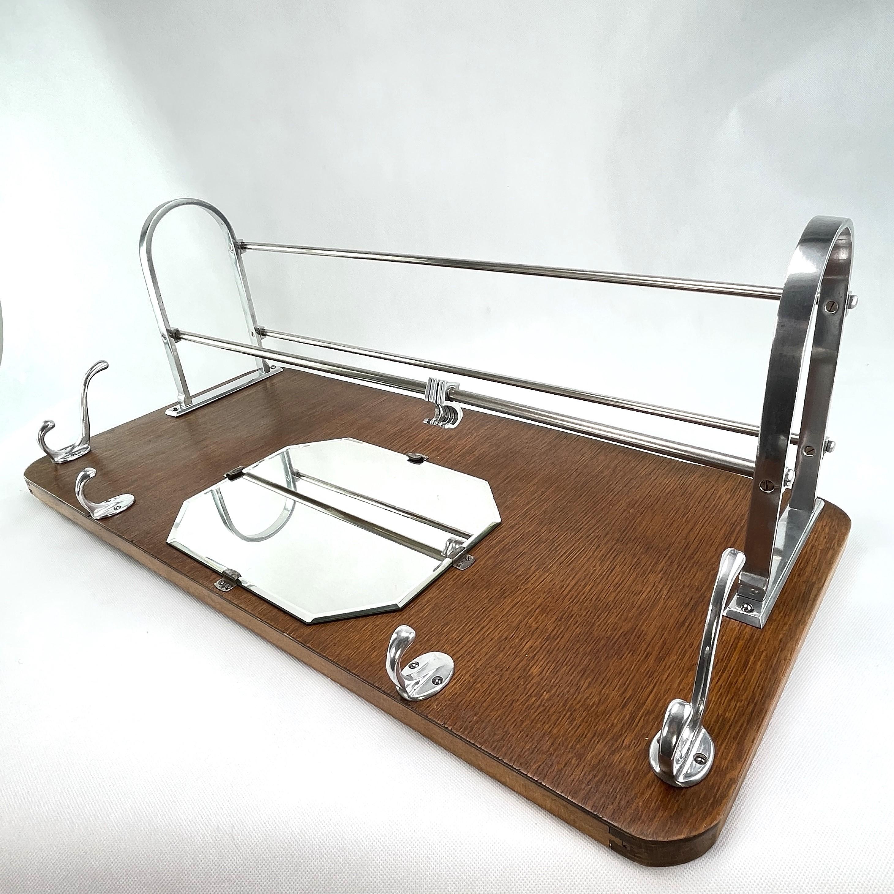 French Art Deco Coat Rack Wood and Chromed with Mirror, 1930s For Sale