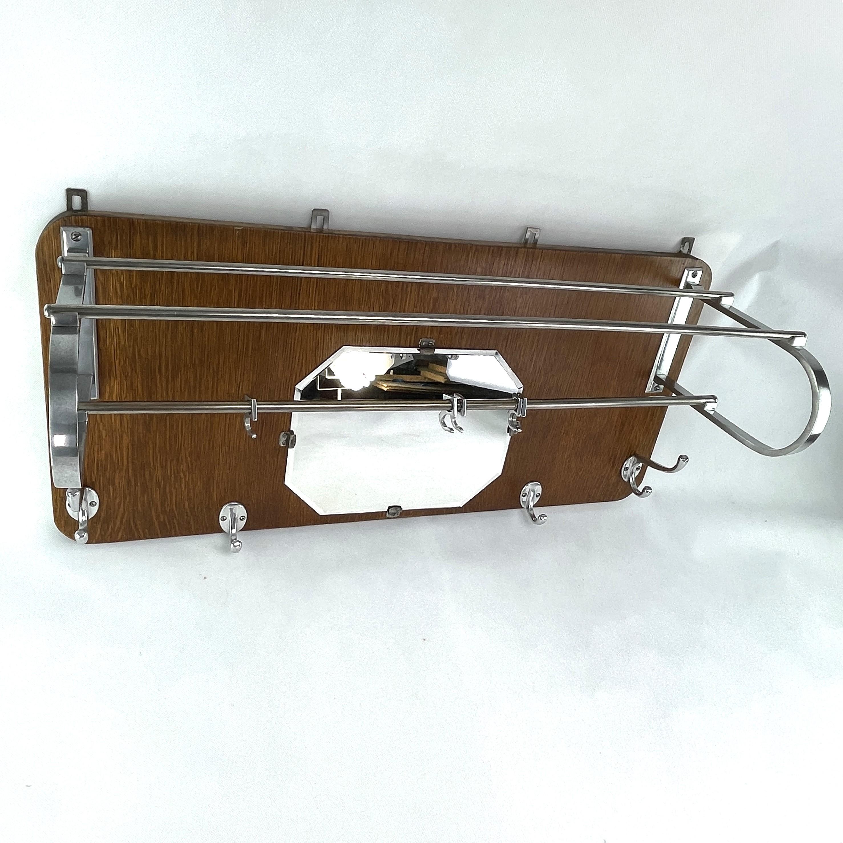 Art Deco Coat Rack Wood and Chromed with Mirror, 1930s For Sale 1