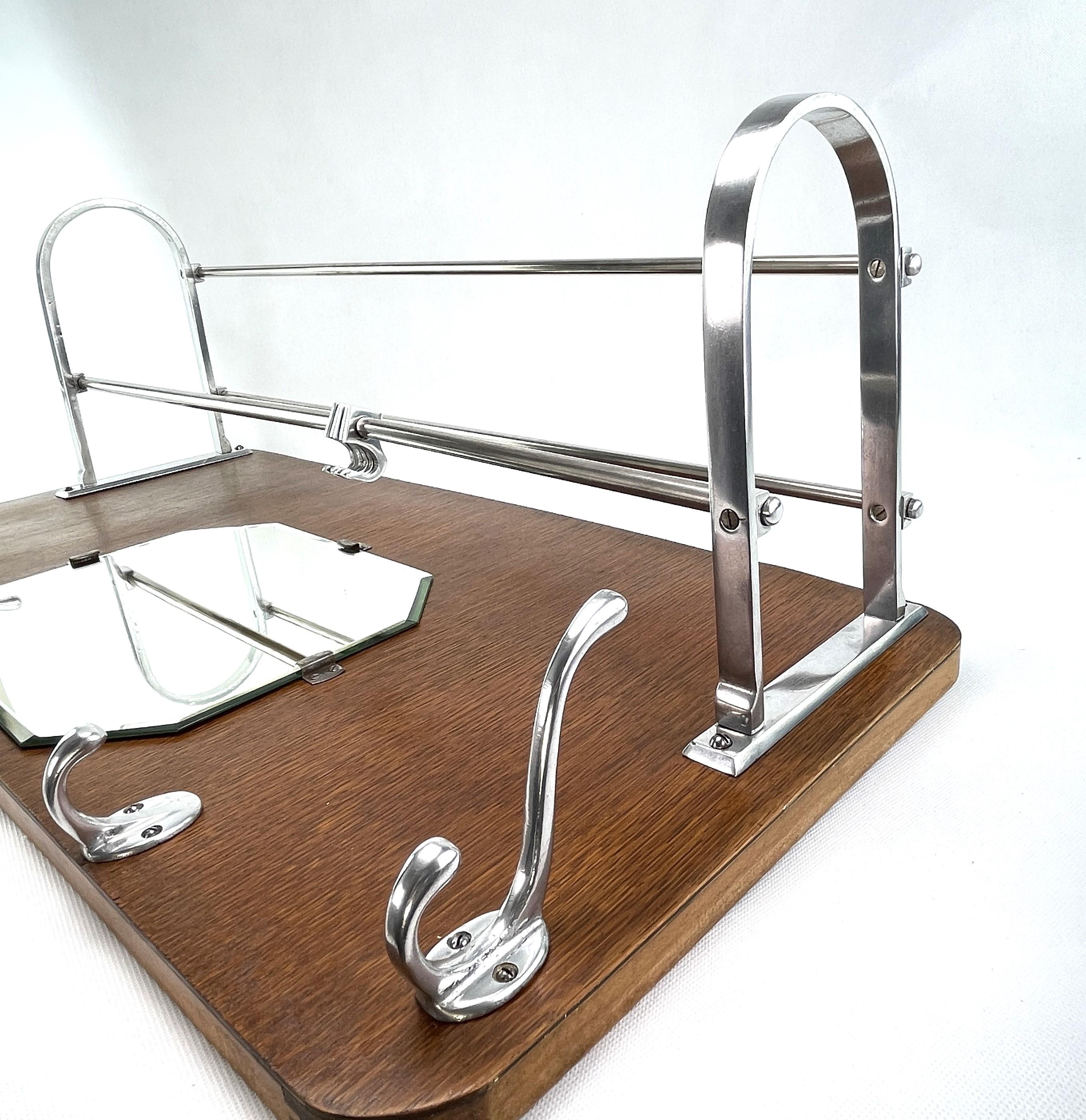 Art Deco Coat Rack Wood and Chromed with Mirror, 1930s For Sale 2