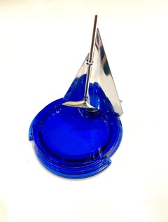Art Deco Cobalt Blue & Chrome Sailboat Rare Ashtray