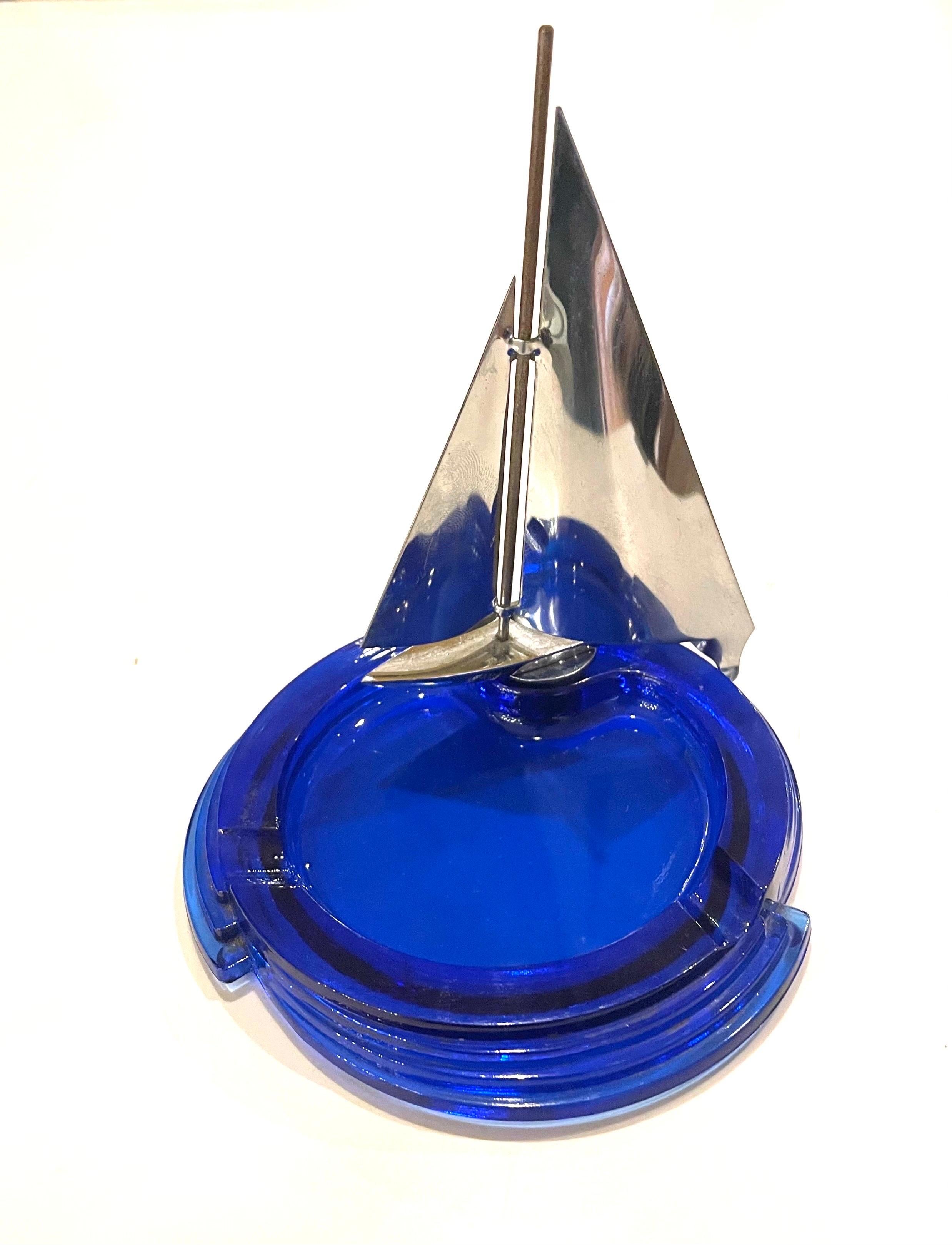 American Art Deco Cobalt Blue & Chrome Sailboat Rare Ashtray
