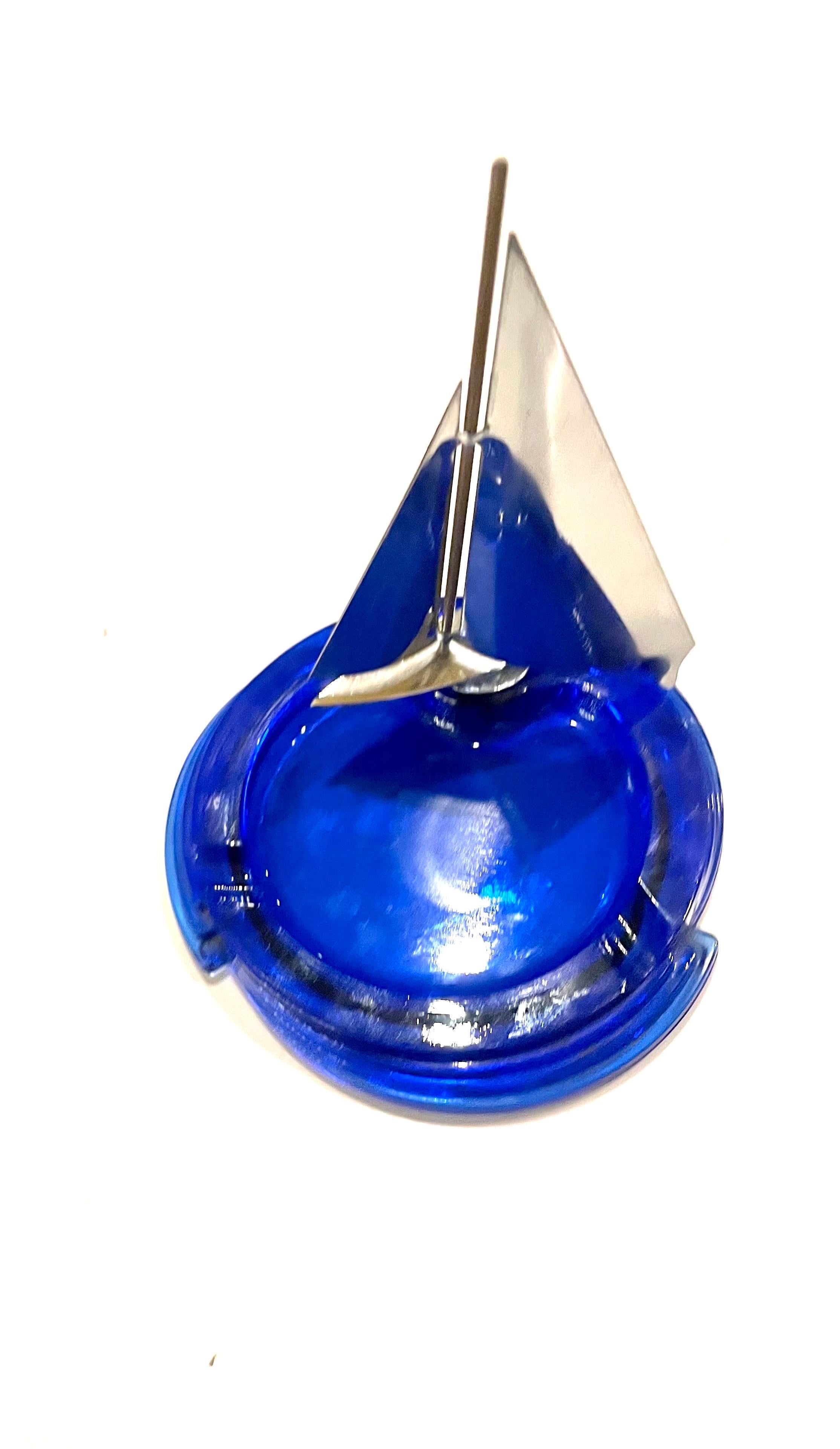 Art Deco Cobalt Blue & Chrome Sailboat Rare Ashtray In Excellent Condition In San Diego, CA