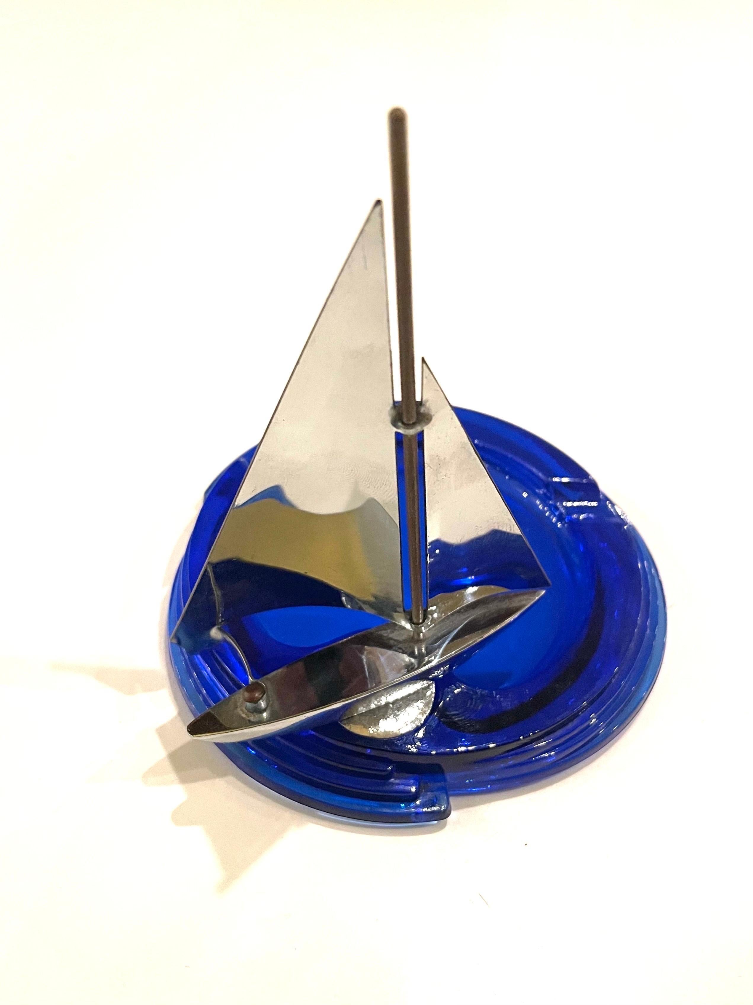 20th Century Art Deco Cobalt Blue & Chrome Sailboat Rare Ashtray