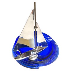 Art Deco Cobalt Blue & Chrome Sailboat Rare Ashtray