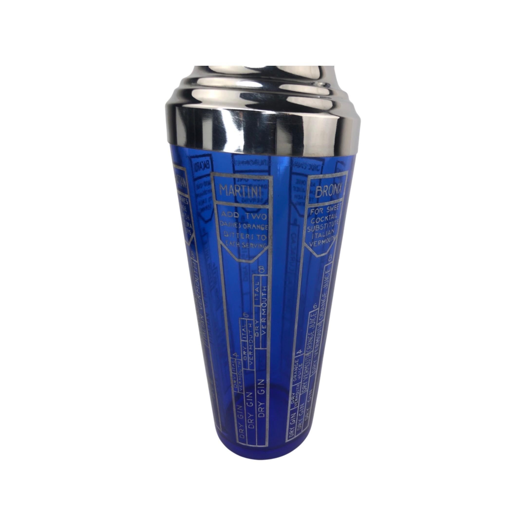 Art Deco Cobalt Blue Cocktail Shaker with Classic Recipes for Bronx, Martini, Alexander, Sidecar, Dubonnet, Bacardi, and Manhattan in white enamel.
