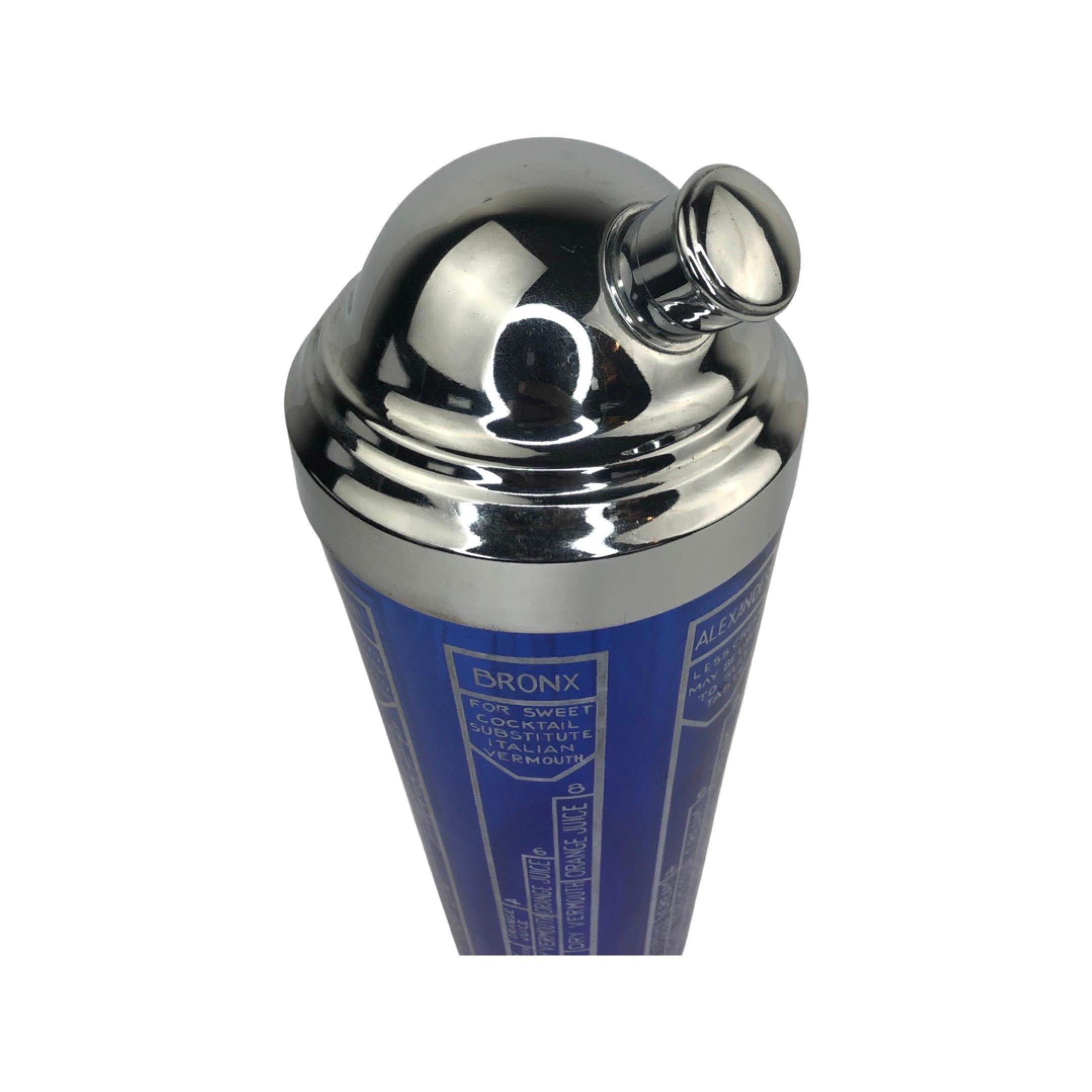 American Art Deco Cobalt Blue Cocktail Shaker with Classic Recipes For Sale