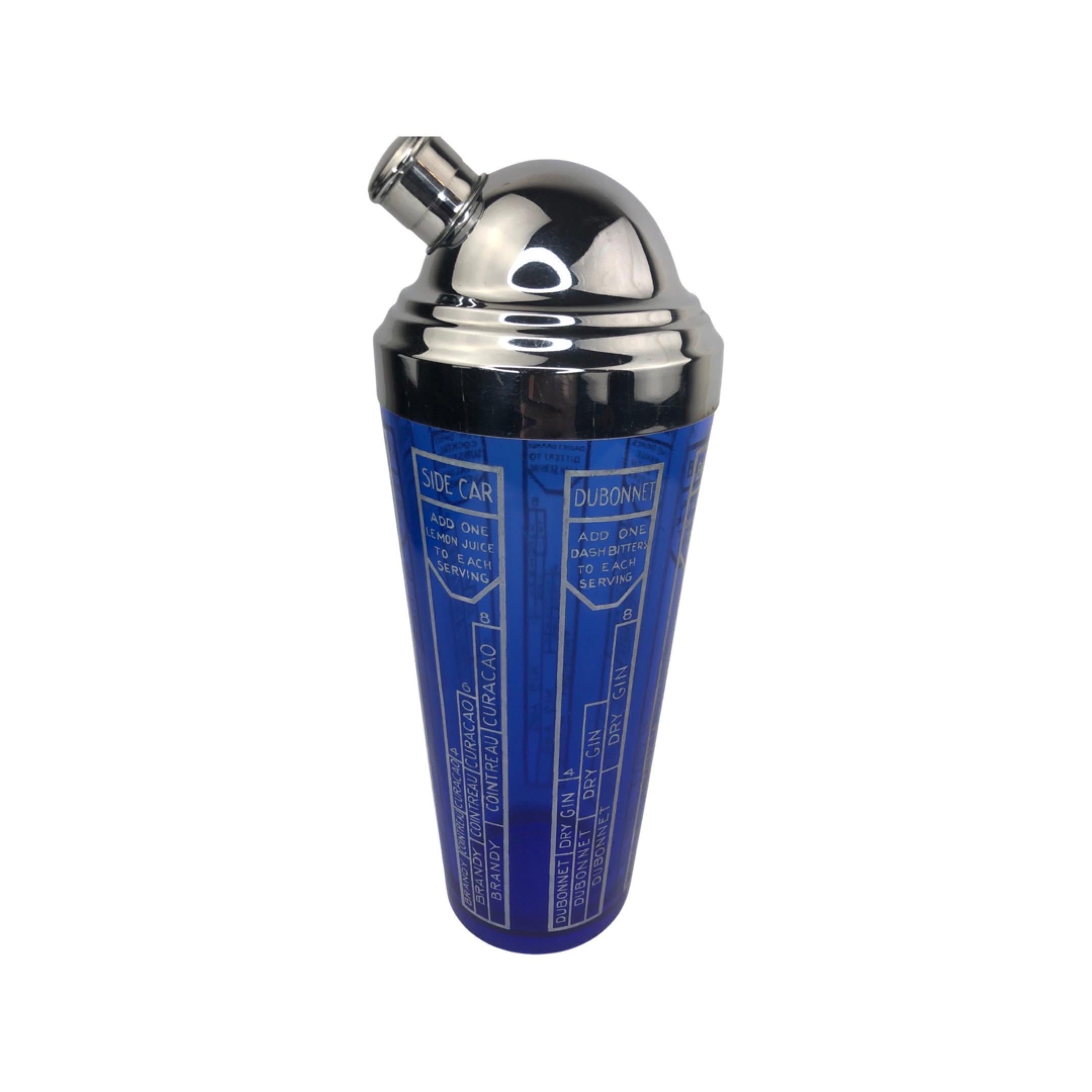 20th Century Art Deco Cobalt Blue Cocktail Shaker with Classic Recipes For Sale