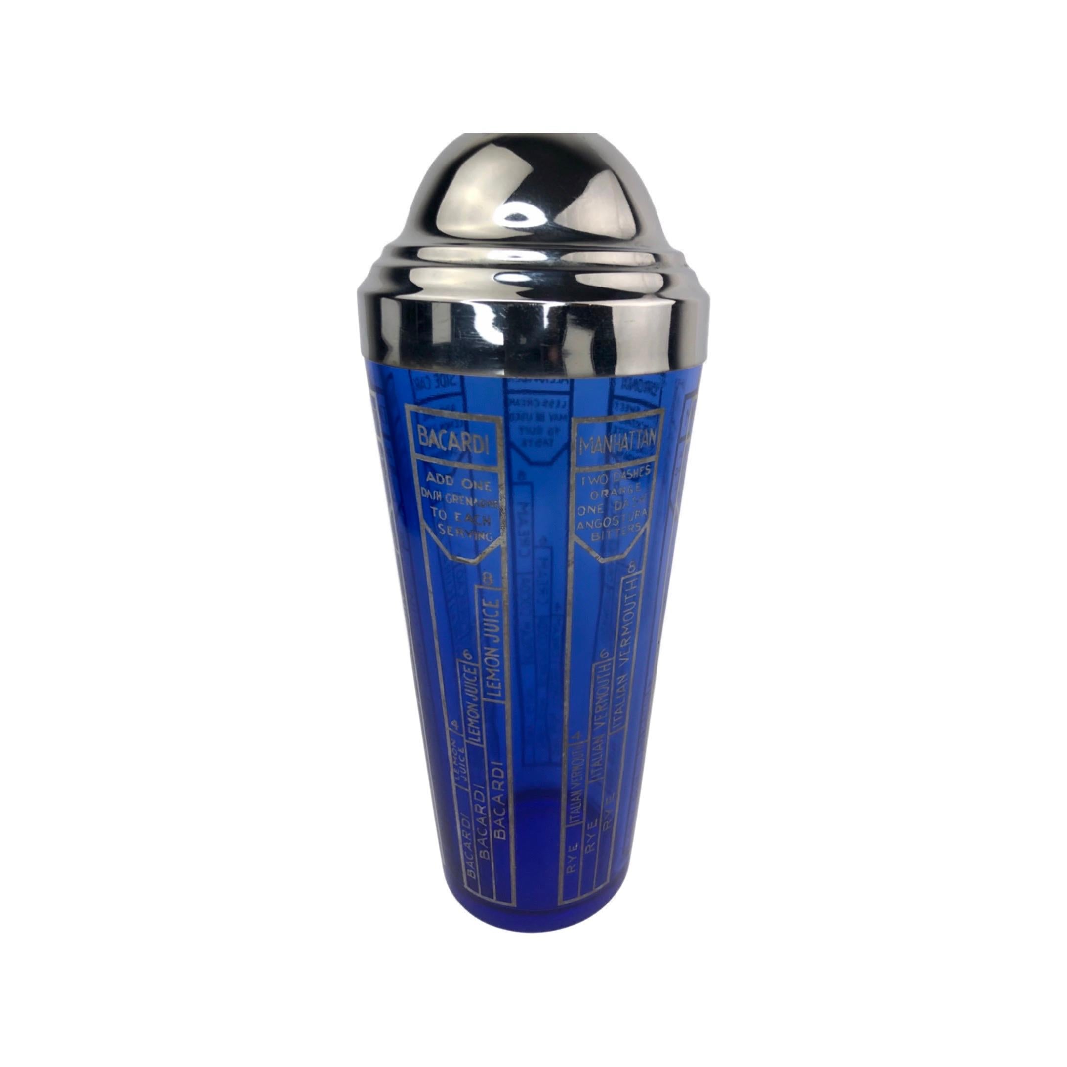 Glass Art Deco Cobalt Blue Cocktail Shaker with Classic Recipes For Sale