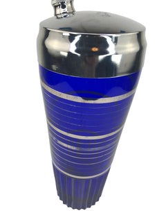 Art Deco Cobalt Blue Cocktail Shaker With Silver Overlay Bands and Fluted Base