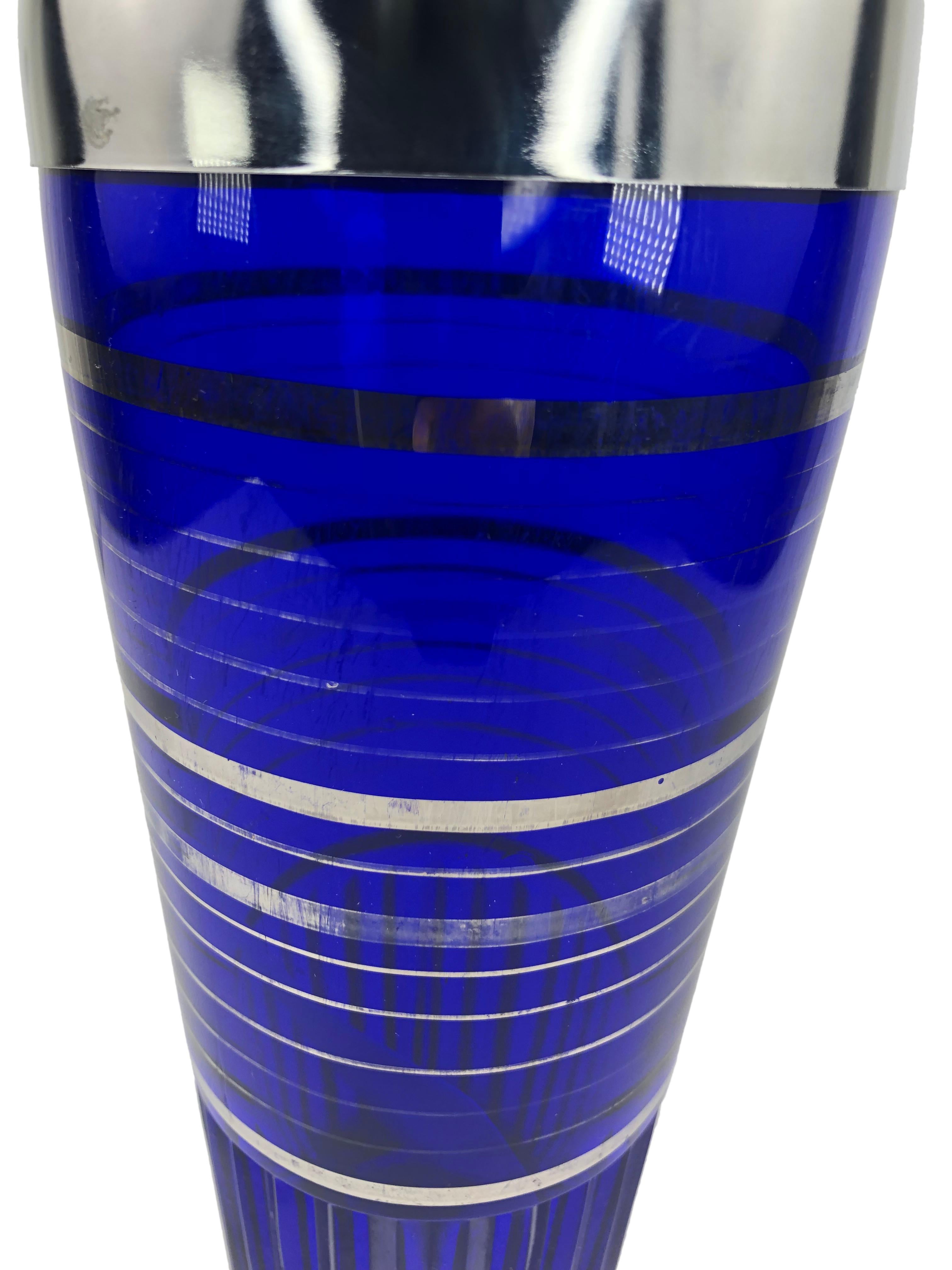 Mid-20th Century Art Deco Cobalt Blue Cocktail Shaker With Silver Overlay Bands and Fluted Base For Sale