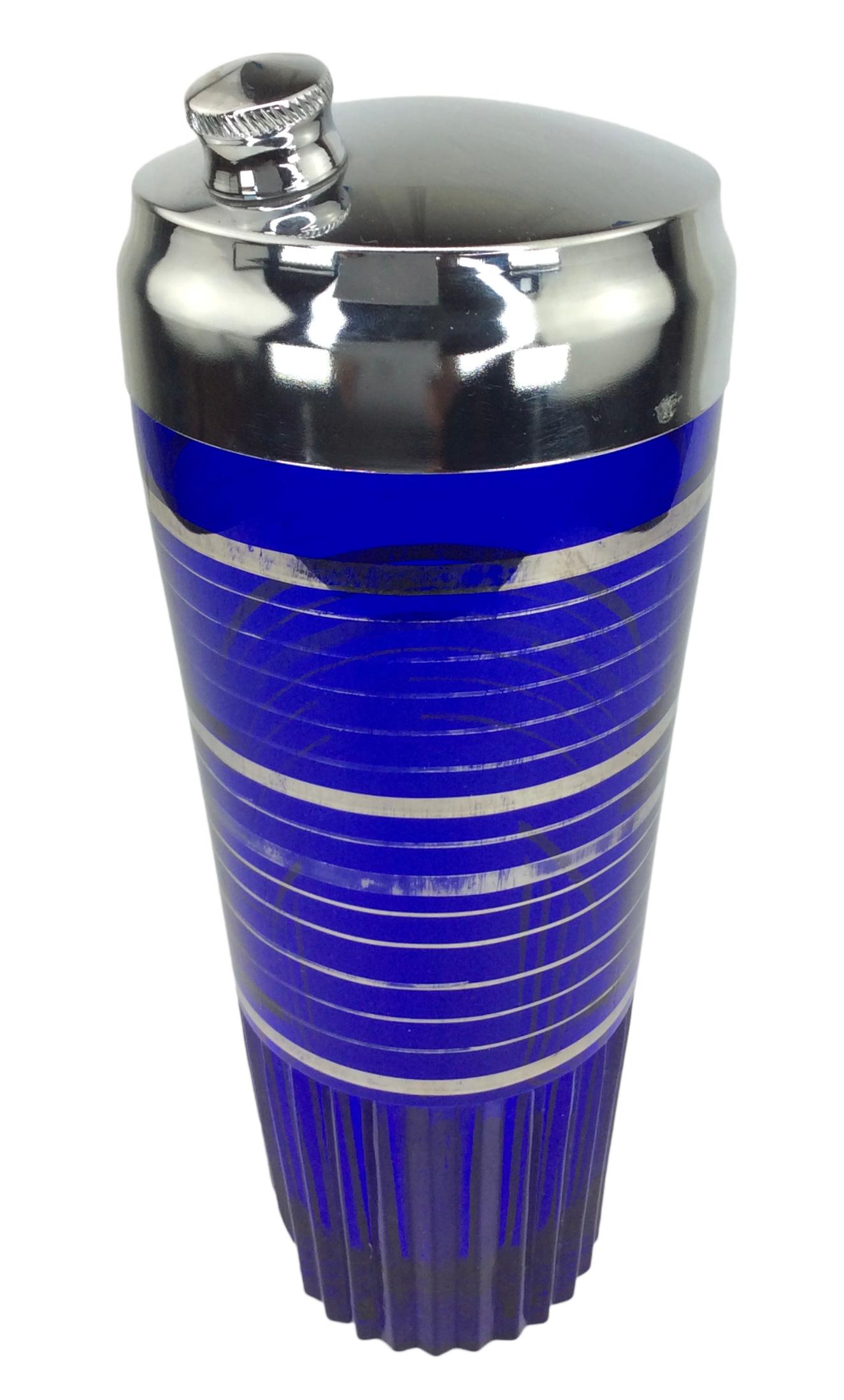 Art Deco Cobalt Blue Cocktail Shaker With Silver Overlay Bands and Fluted Base For Sale 1