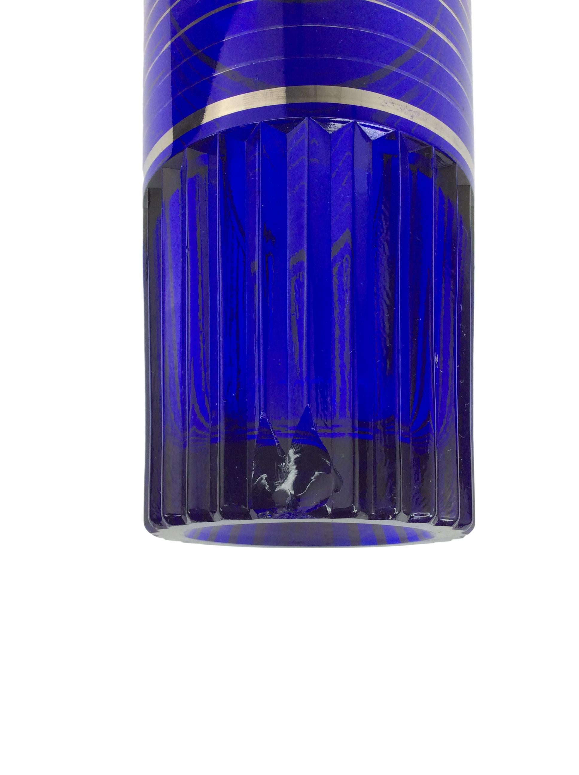 Art Deco Cobalt Blue Cocktail Shaker With Silver Overlay Bands and Fluted Base For Sale 2
