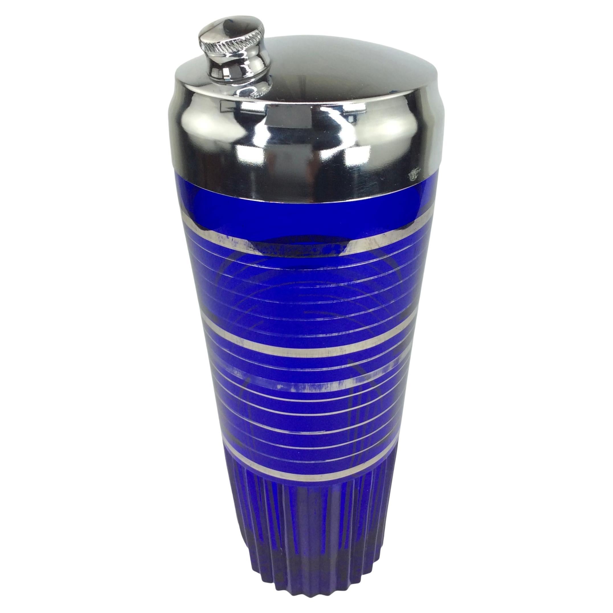 Art Deco Cobalt Blue Cocktail Shaker With Silver Overlay Bands and Fluted Base For Sale