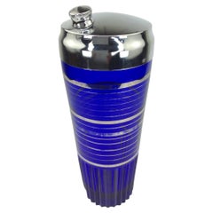 Vintage Art Deco Cobalt Blue Cocktail Shaker With Silver Overlay Bands and Fluted Base