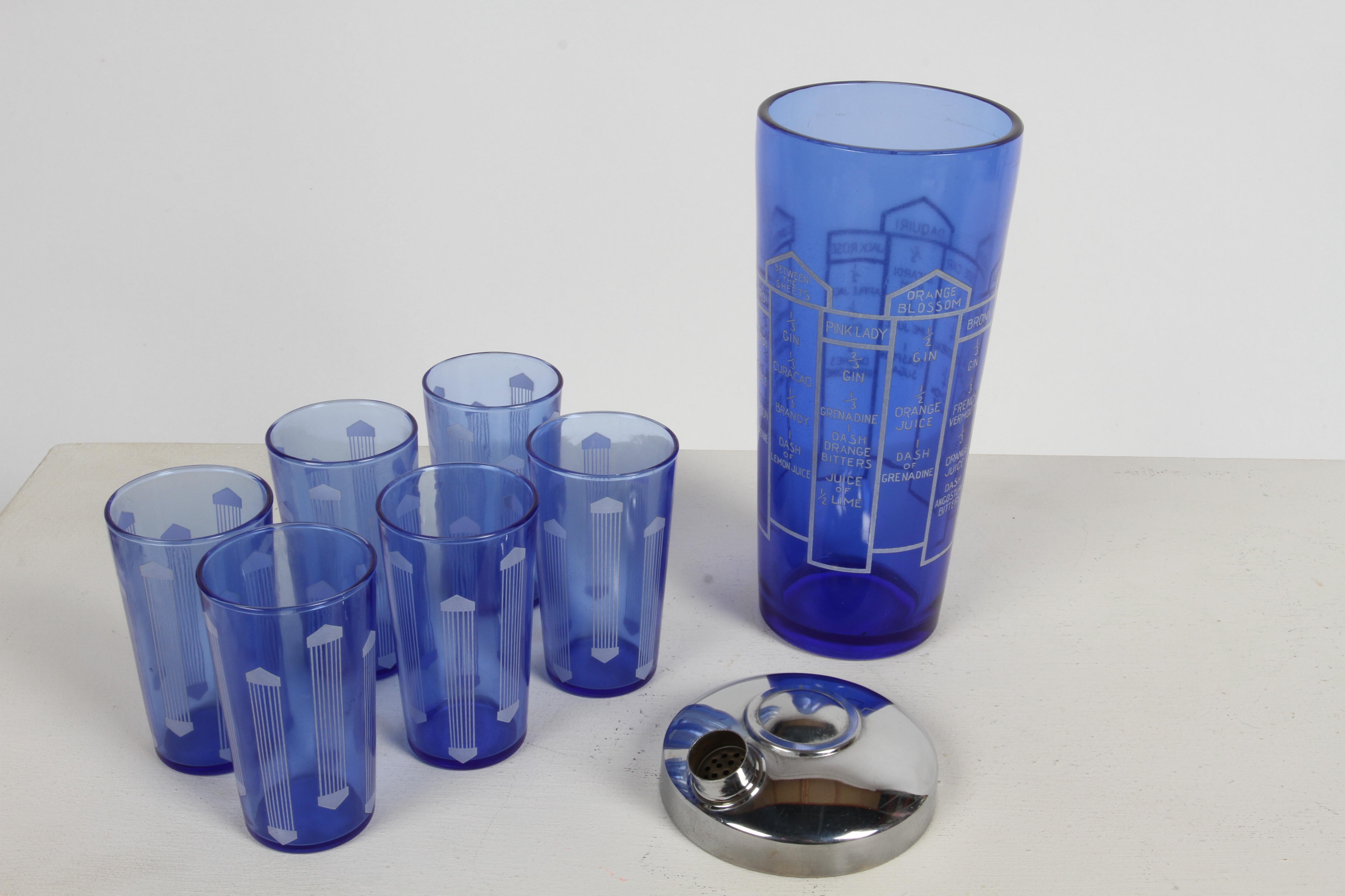 Art Deco Cobalt Blue Glass 10 Recipe Cocktail Shaker with Six Matching Glasses  For Sale 8