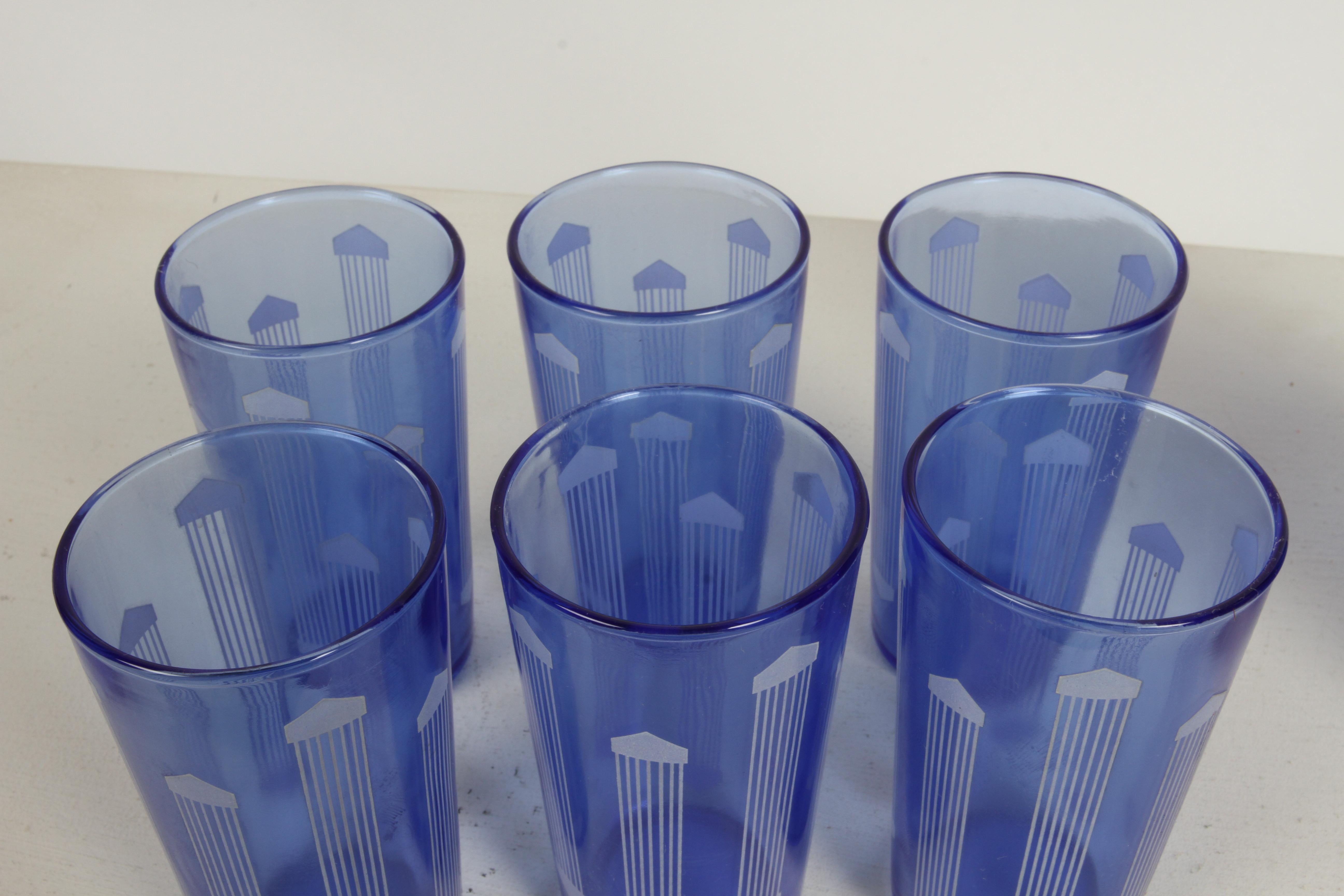 Art Deco Cobalt Blue Glass 10 Recipe Cocktail Shaker with Six Matching Glasses  For Sale 11