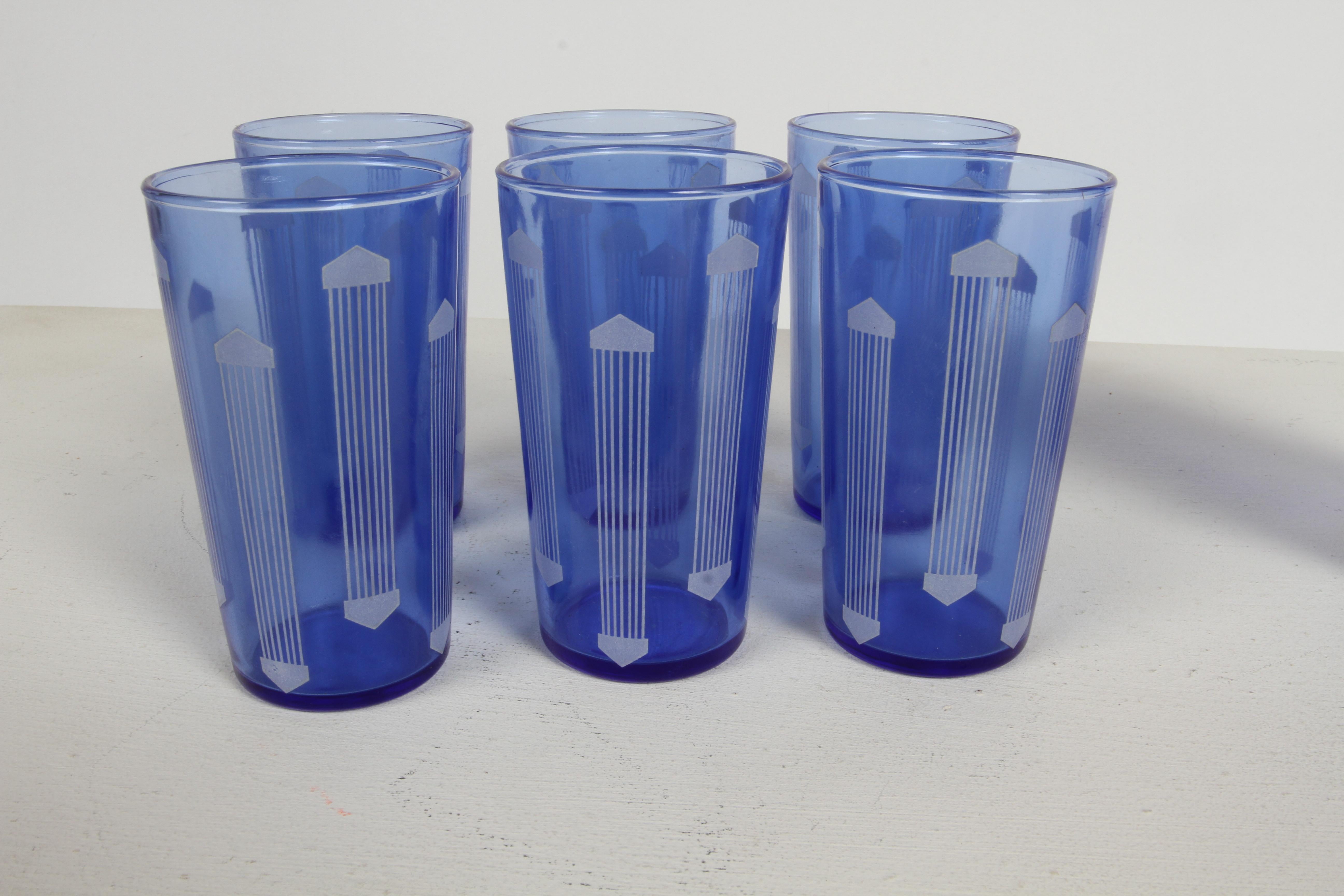 Art Deco Cobalt Blue Glass 10 Recipe Cocktail Shaker with Six Matching Glasses  For Sale 12