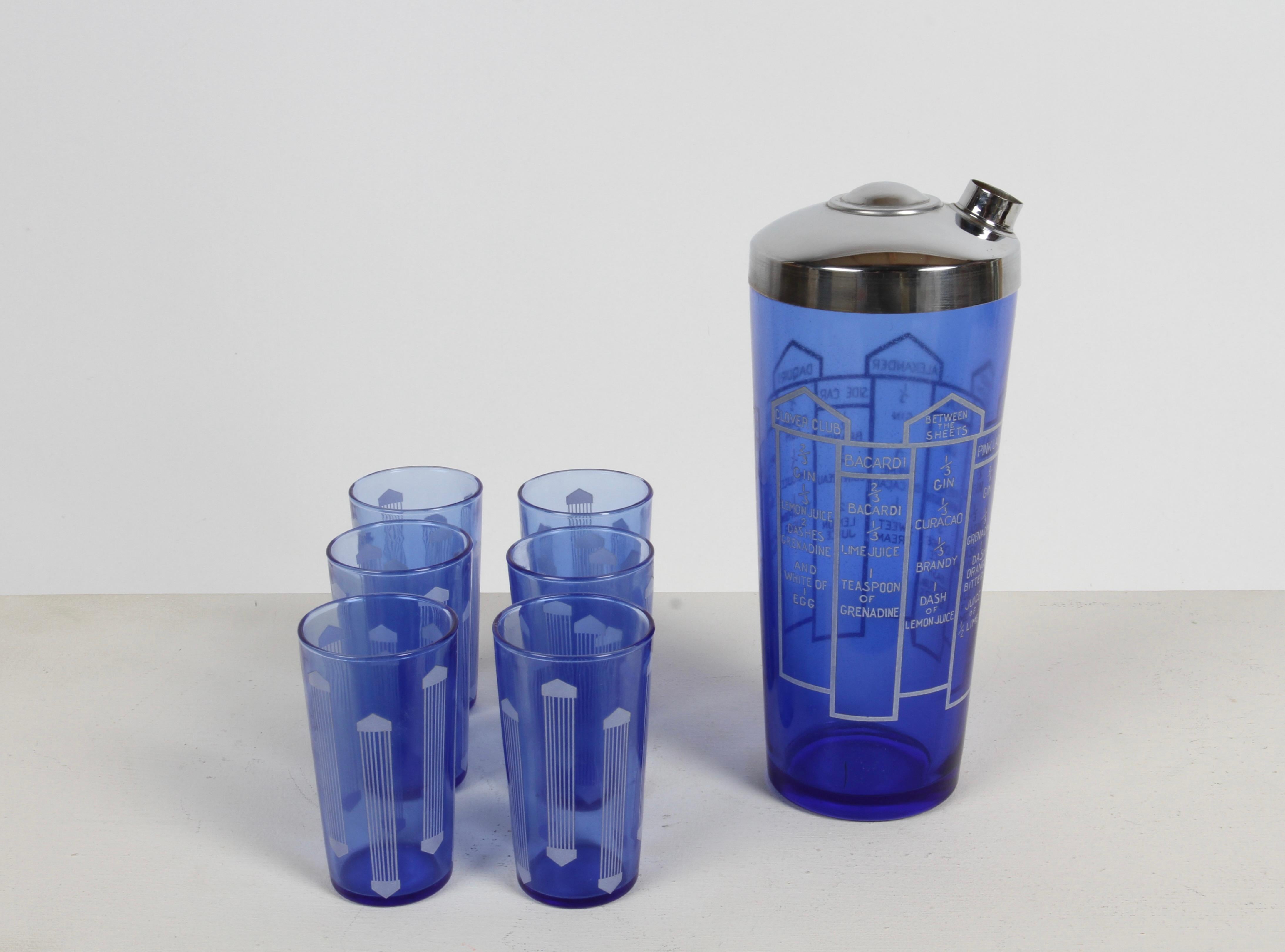 American Art Deco Cobalt Blue Glass 10 Recipe Cocktail Shaker with Six Matching Glasses  For Sale