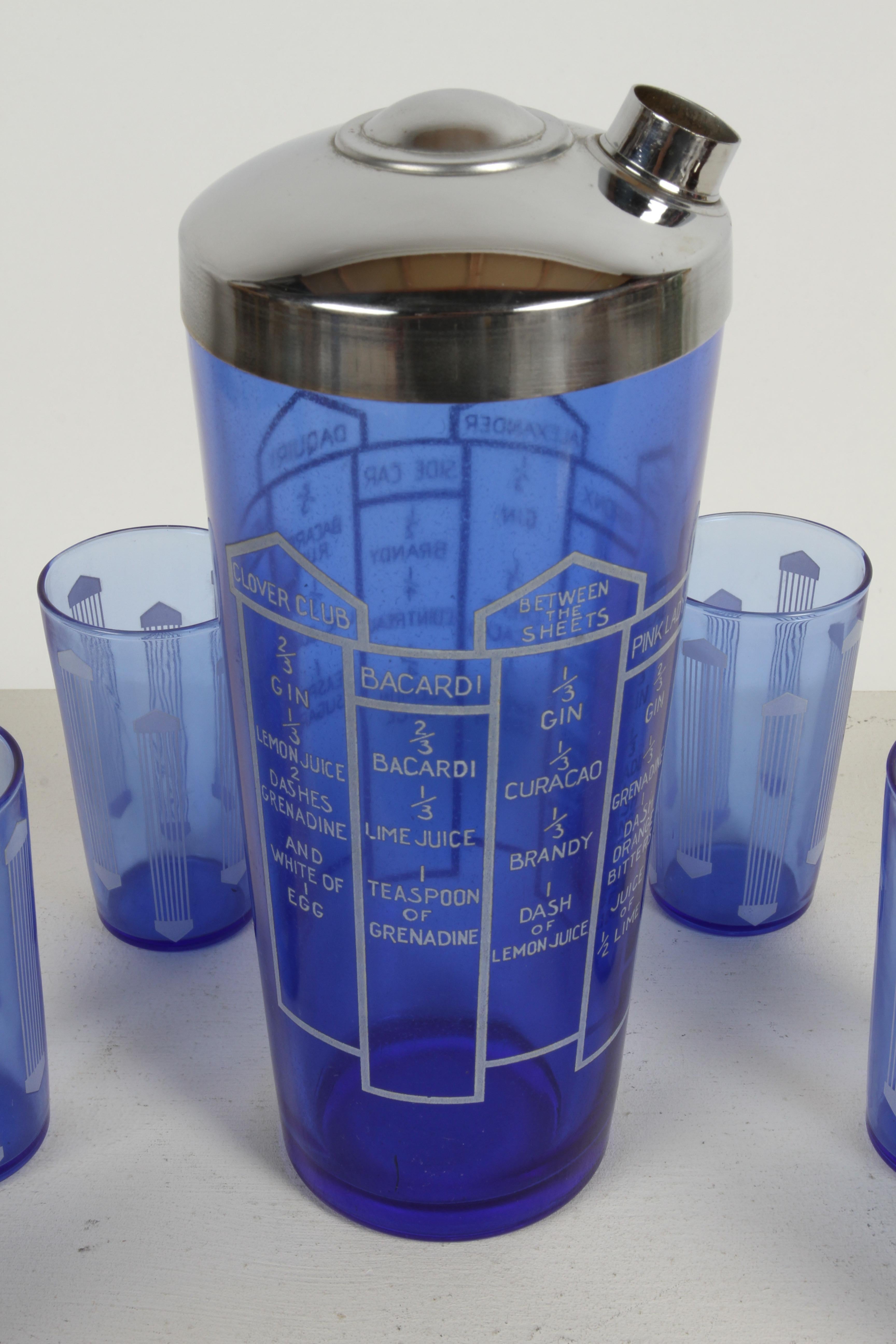 Art Deco Cobalt Blue Glass 10 Recipe Cocktail Shaker with Six Matching Glasses  In Good Condition For Sale In St. Louis, MO