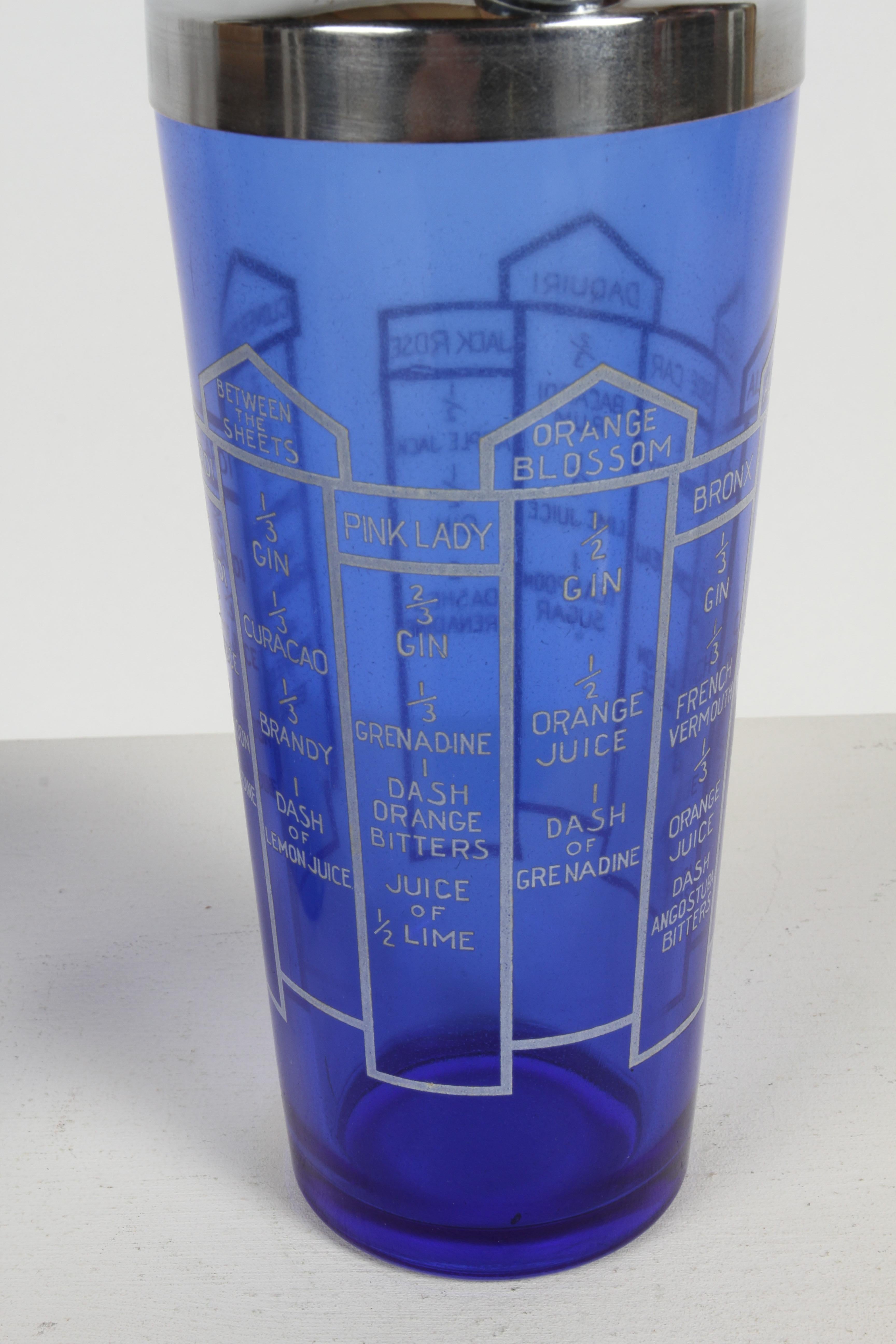 Art Deco Cobalt Blue Glass 10 Recipe Cocktail Shaker with Six Matching Glasses  For Sale 2