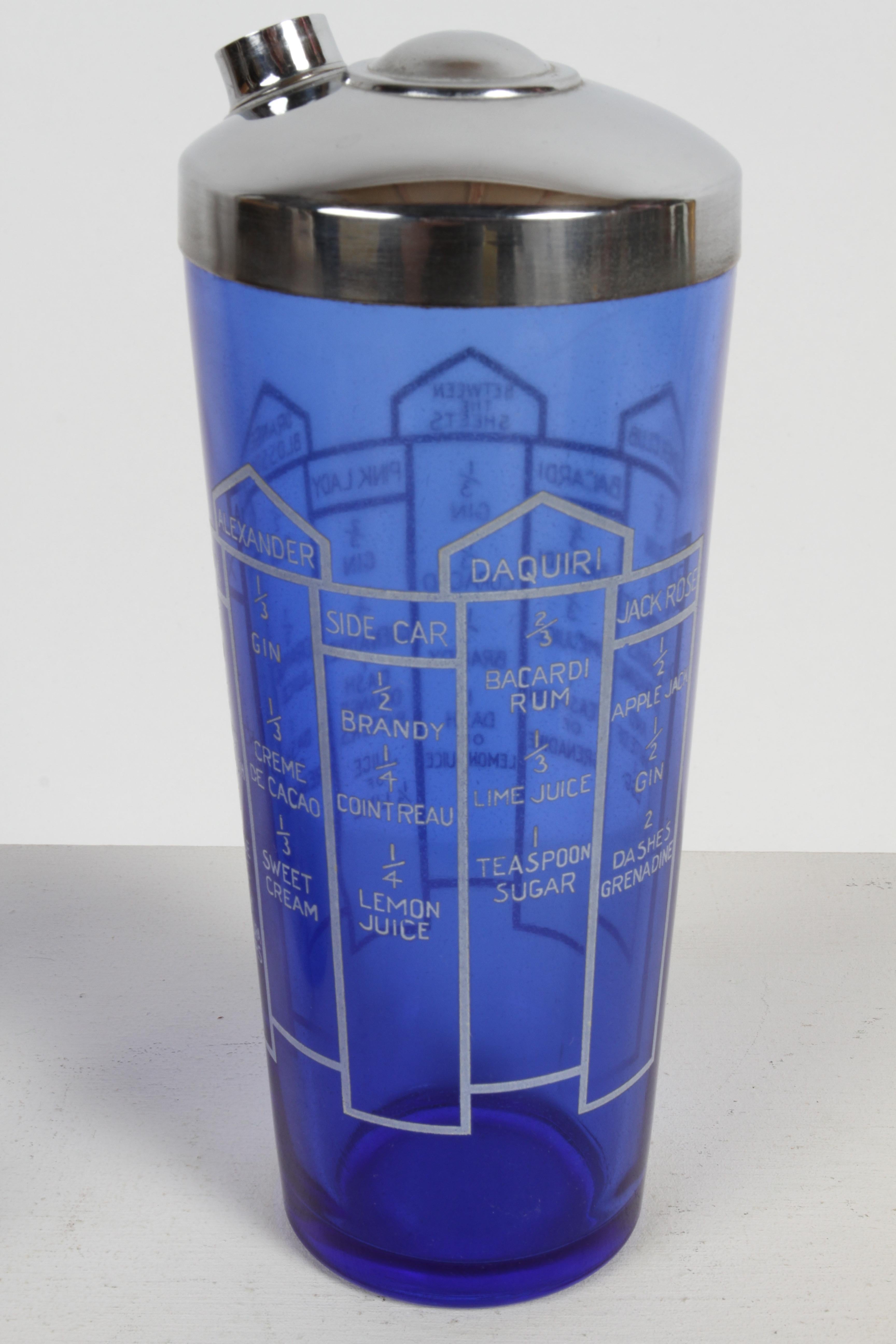 Art Deco Cobalt Blue Glass 10 Recipe Cocktail Shaker with Six Matching Glasses  For Sale 4
