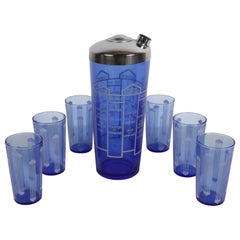 Kobaltblauer Art déco-Cocktailshaker aus Glas im Art déco-Stil mit 10 Rezepten und sechs passenden Gläsern