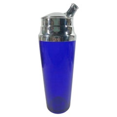Art Deco Cobalt Blue Glass Cocktail Shaker with High Chrome Lid