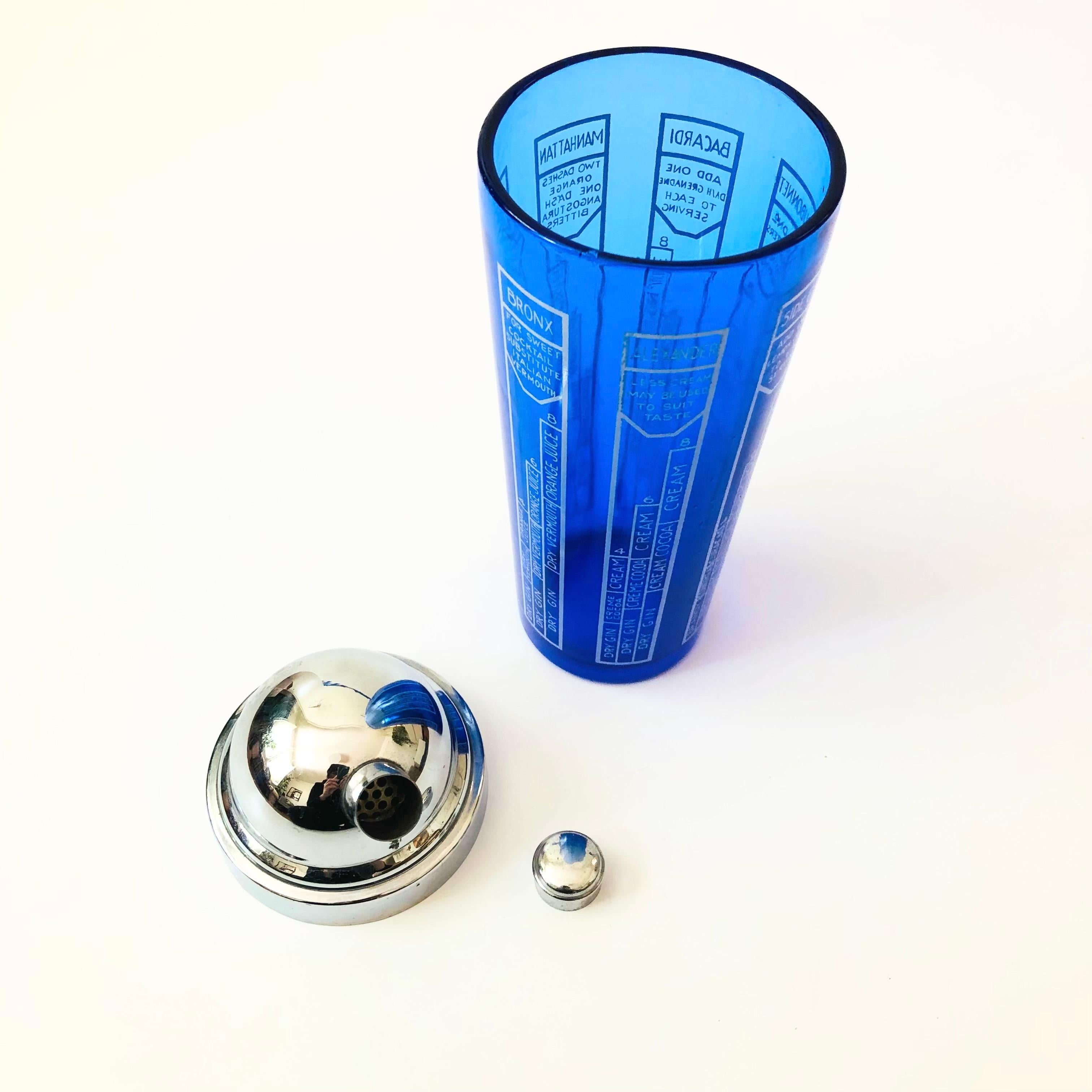 XX secolo Shaker da cocktail in vetro blu cobalto Art Deco con ricette