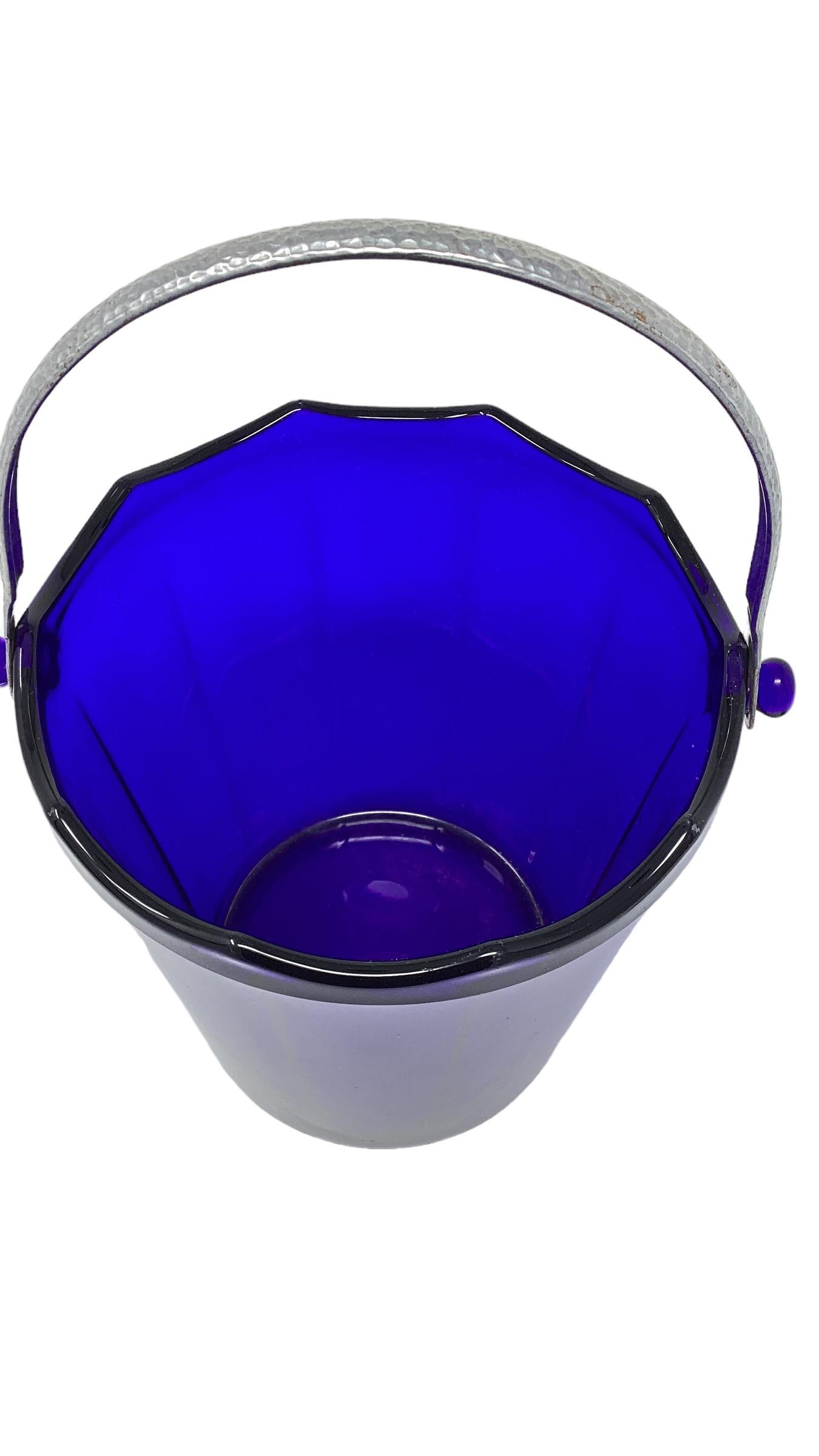 Art Deco Cobalt Blue Glass Ice Bucket with a Hammered Handle  In Good Condition For Sale In Chapel Hill, NC