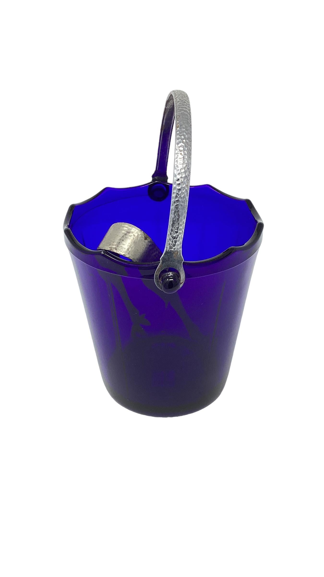 Mid-20th Century Art Deco Cobalt Blue Glass Ice Bucket with a Hammered Handle  For Sale