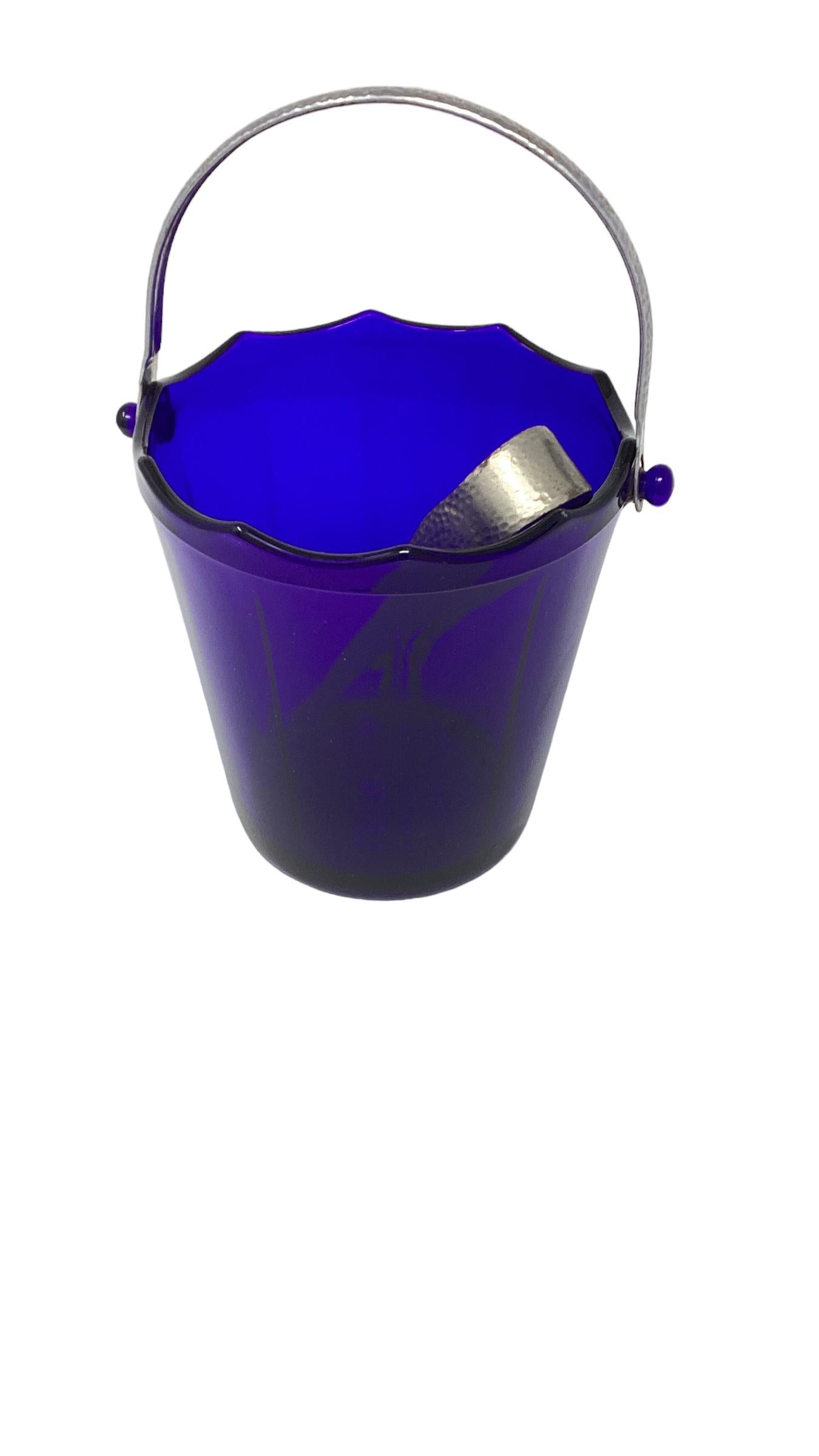 Art Deco Cobalt Blue Glass Ice Bucket with a Hammered Handle  For Sale 1