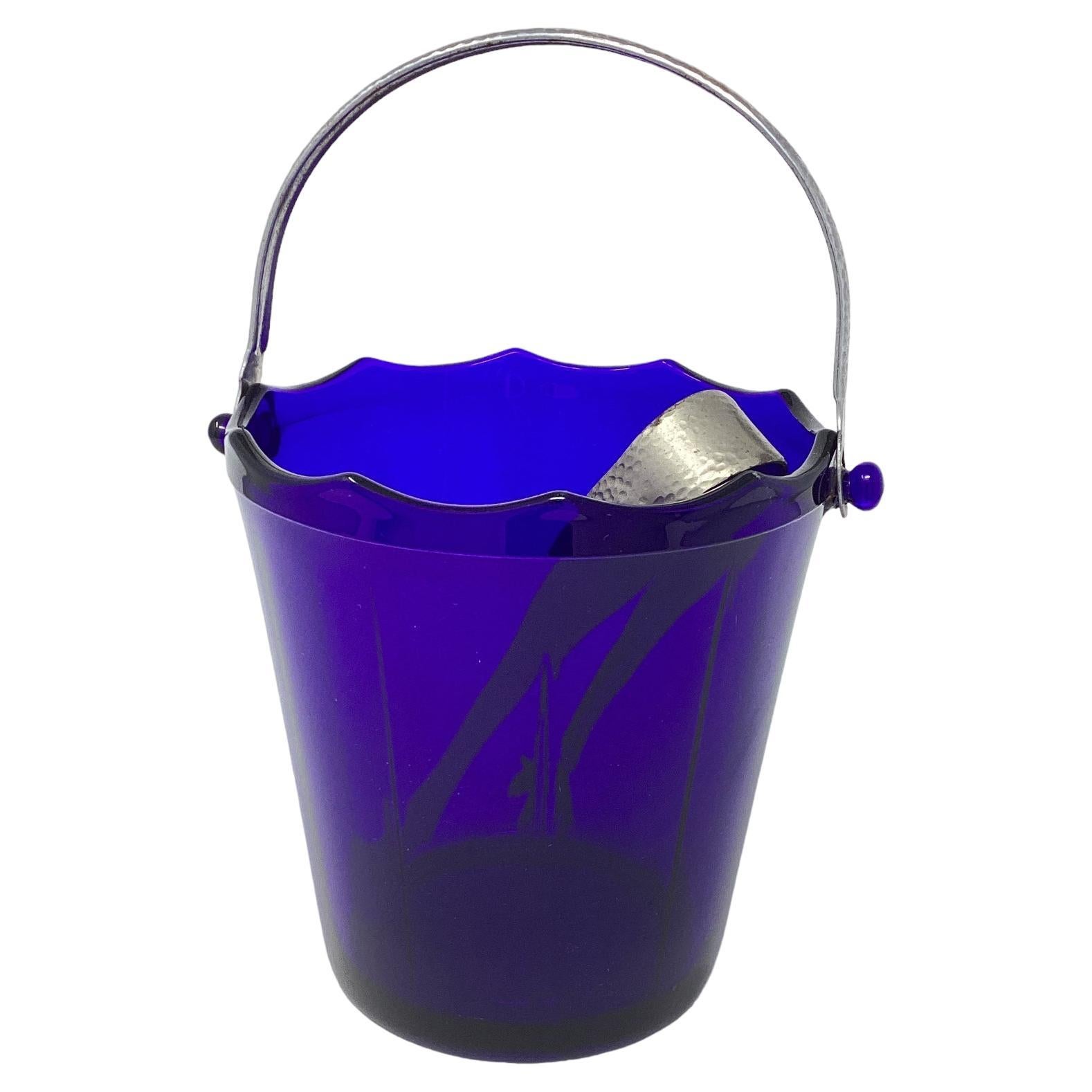 Art Deco Cobalt Blue Glass Ice Bucket with a Hammered Handle  For Sale