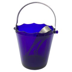 Art Deco Cobalt Blue Glass Ice Bucket with a Hammered Handle 