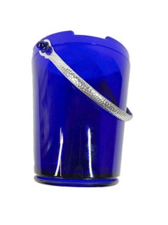 Art Deco Cobalt Blue Glass Ice Bucket with Hammered Chrome Bail Handle