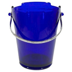 Antique Art Deco Cobalt Blue Glass Ice Bucket with Hammered Chrome Bail Handle