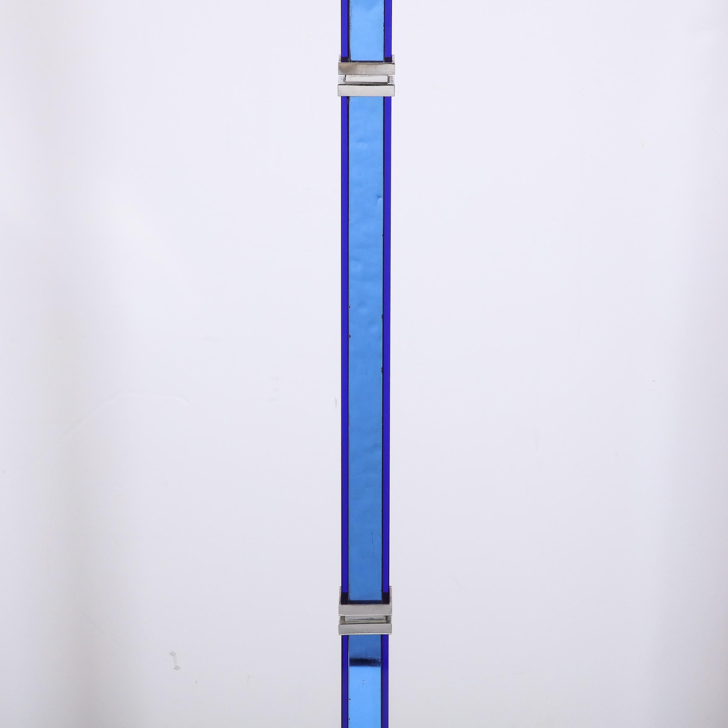 Art Deco Cobalt Blue Glass & Satin Nickel Torchiere w/ Milk  Glass Shade For Sale 8