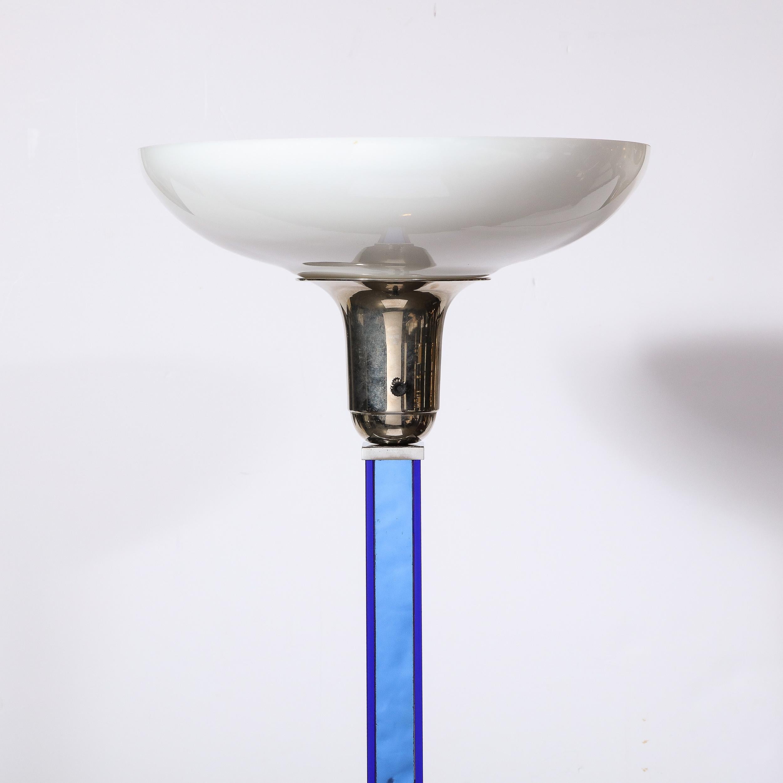 Art Deco Cobalt Blue Glass & Satin Nickel Torchiere w/ Milk  Glass Shade For Sale 9