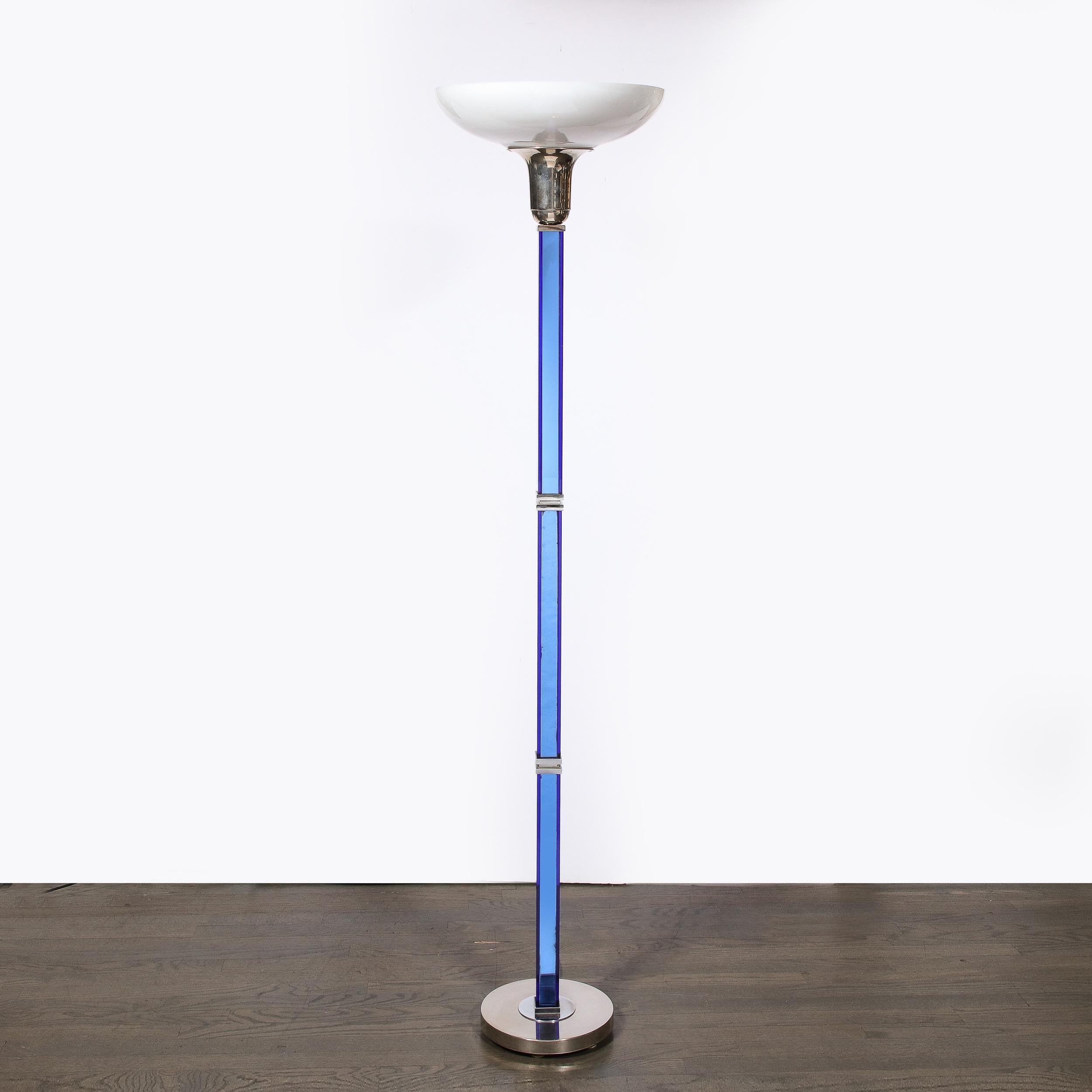 Art Deco Cobalt Blue Glass & Satin Nickel Torchiere w/ Milk  Glass Shade In Excellent Condition For Sale In New York, NY