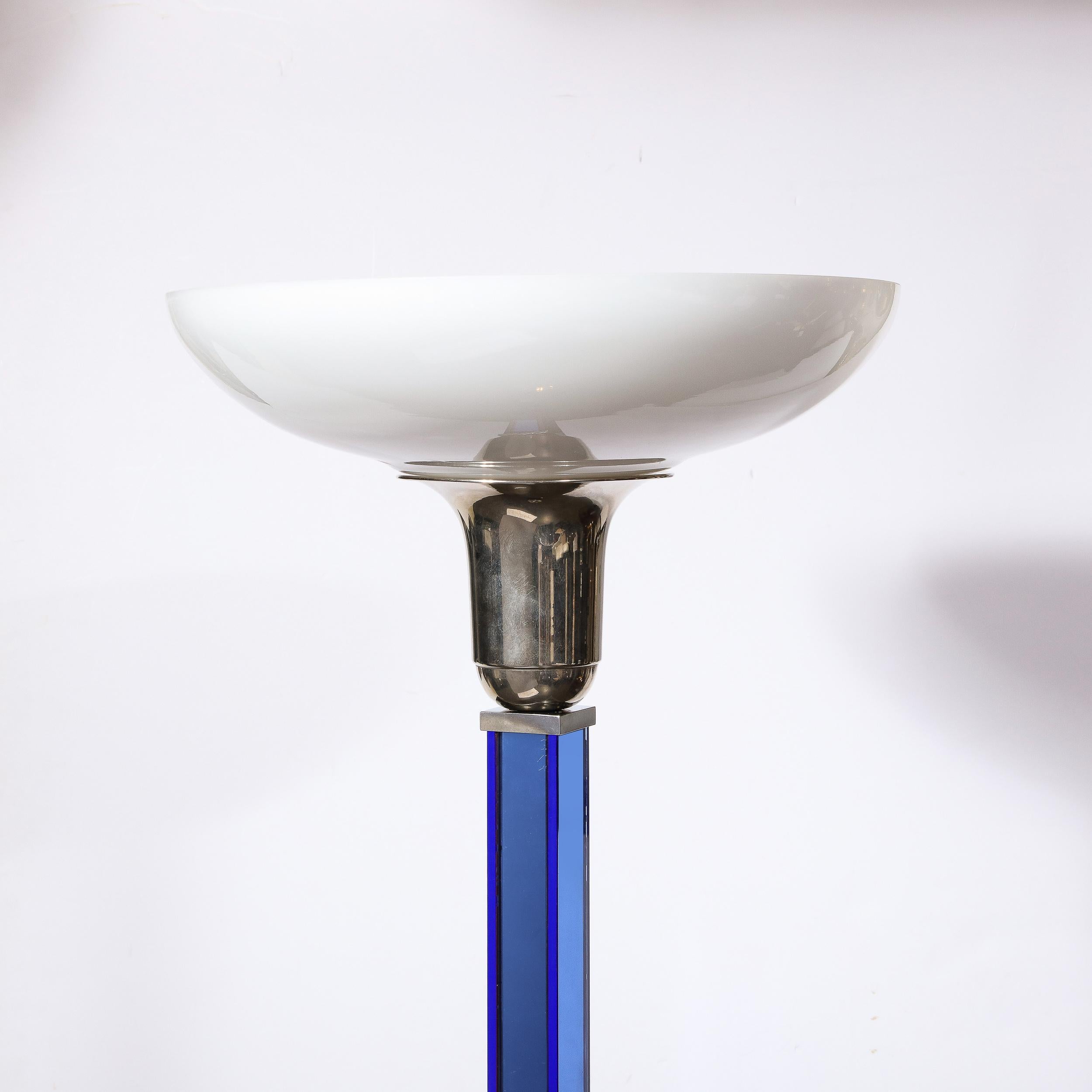 Art Deco Cobalt Blue Glass & Satin Nickel Torchiere w/ Milk  Glass Shade For Sale 2