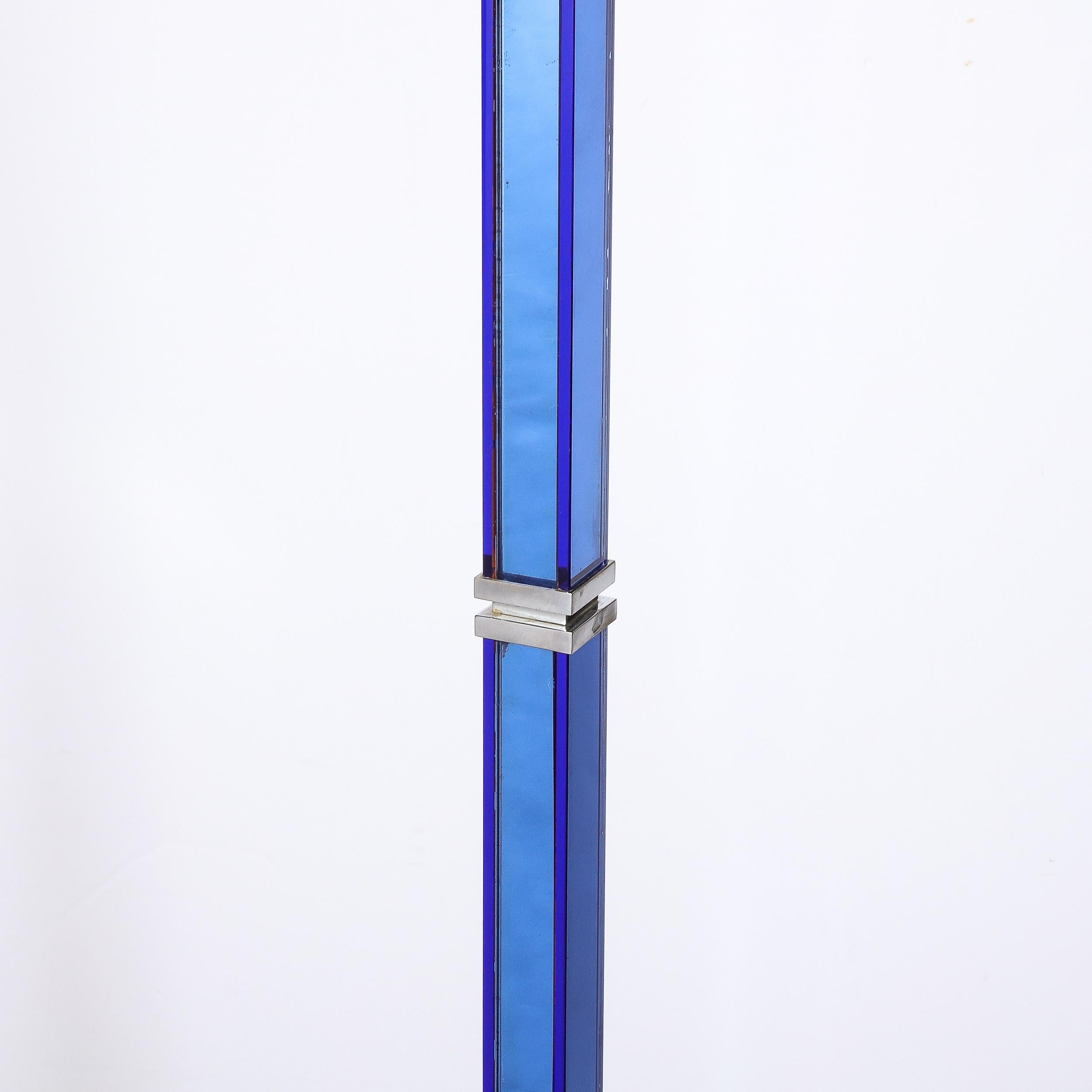 Art Deco Cobalt Blue Glass & Satin Nickel Torchiere w/ Milk  Glass Shade For Sale 3
