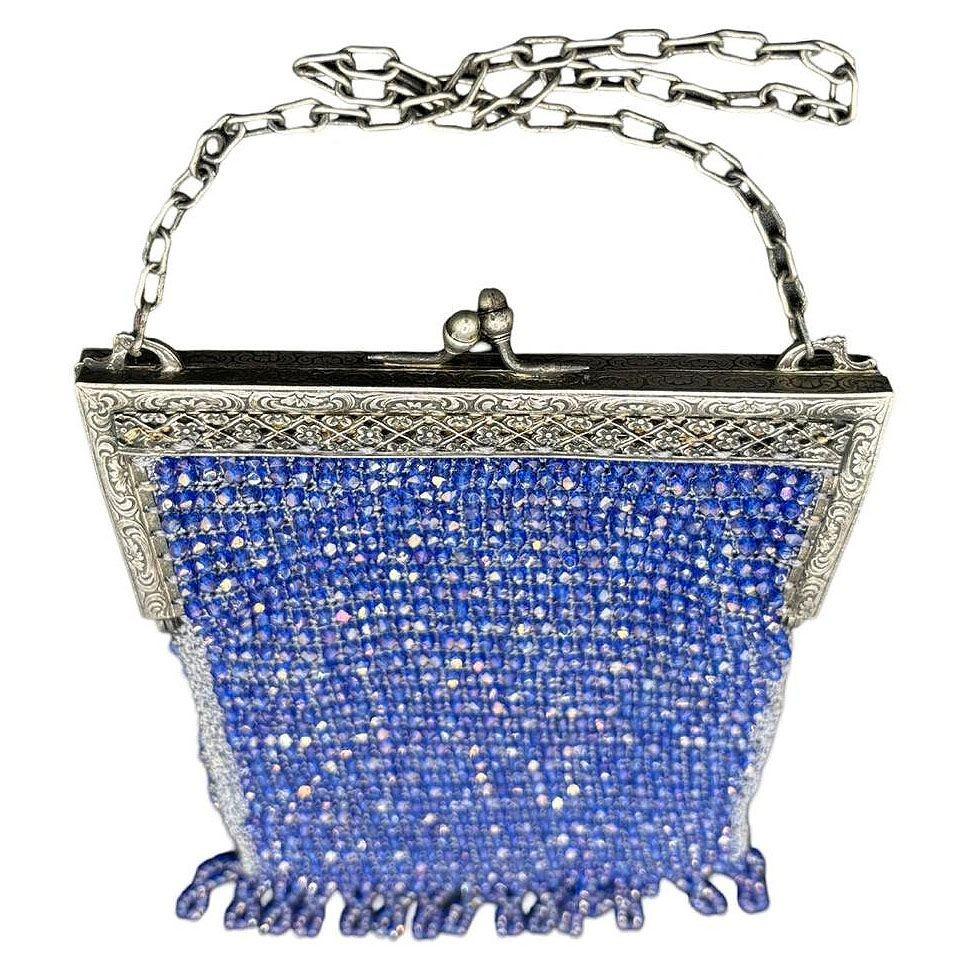 American Art Deco Cobalt Blue Glass Seed Beaded Evening Handbag for Wrist w/ Silver Clasp