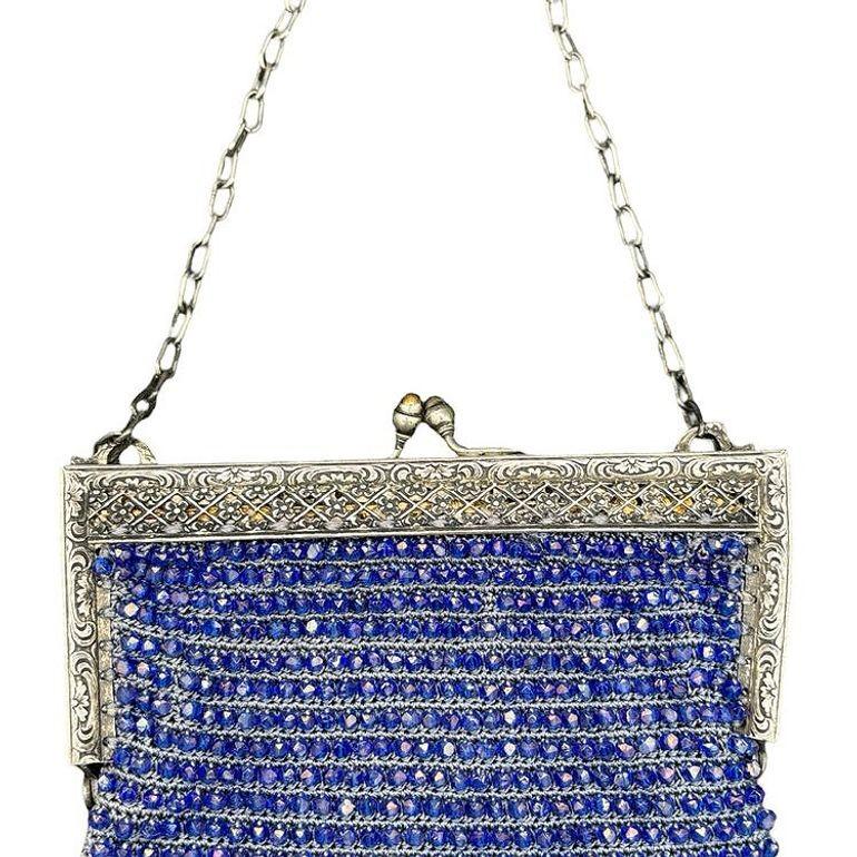 Metal Art Deco Cobalt Blue Glass Seed Beaded Evening Handbag for Wrist w/ Silver Clasp