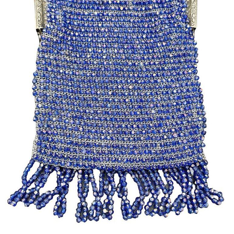 Art Deco Cobalt Blue Glass Seed Beaded Evening Handbag for Wrist w/ Silver Clasp 1