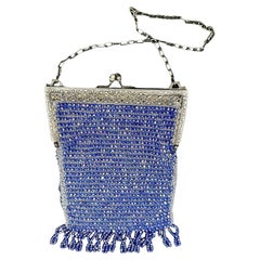Art Deco Cobalt Blue Glass Seed Beaded Evening Handbag for Wrist w/ Silver Clasp