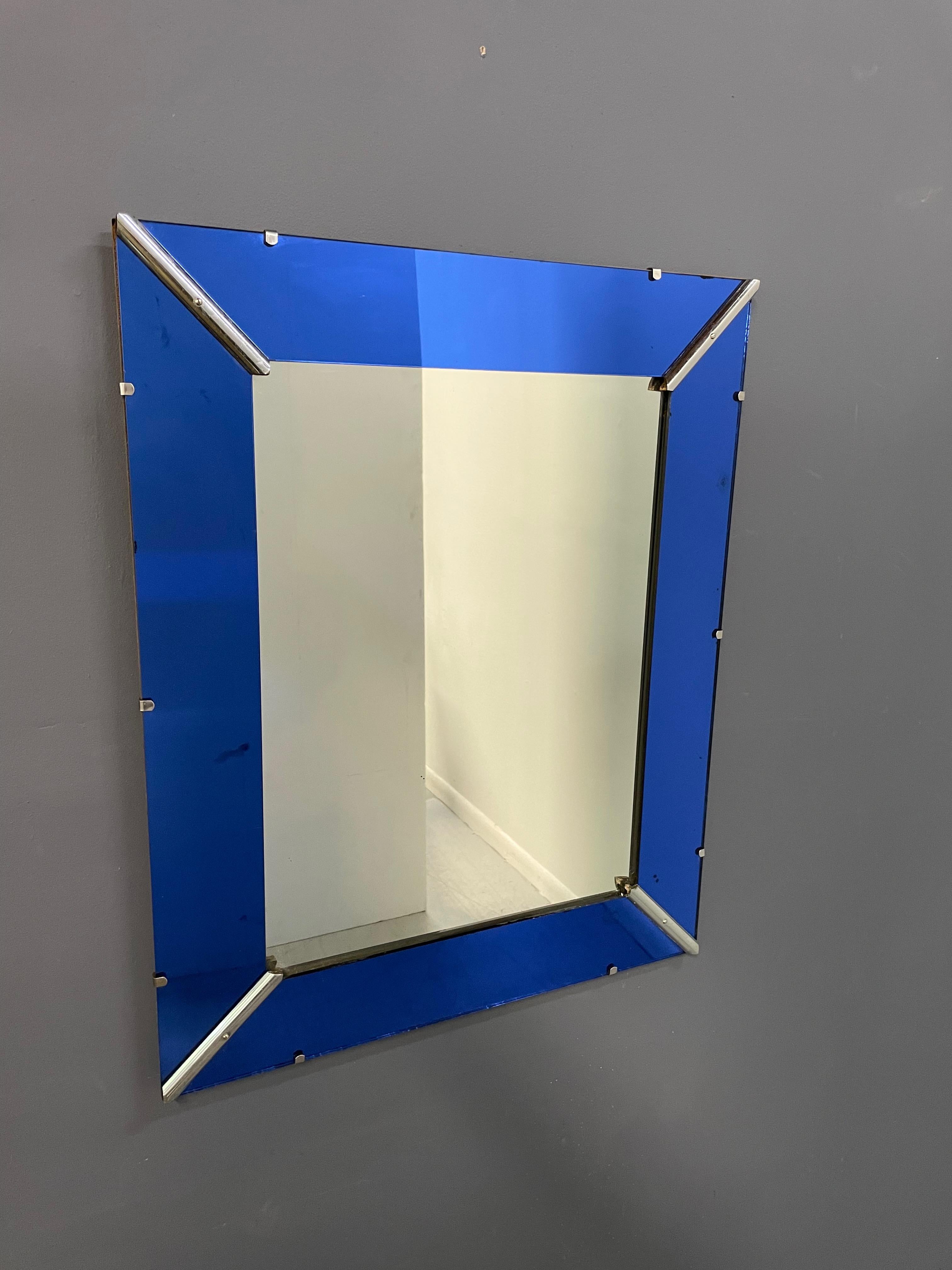 English Art Deco British Cobalt Blue Glass Trimmed Rectangular Mirror For Sale