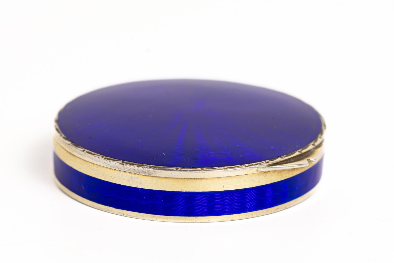Women's or Men's Art Deco Cobalt Blue Guilloche Enamel Mirror Compact