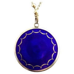 Art Deco Cobalt Blue Guilloche Enamel Pendant, Fancy Link Necklace, Silver Gilt