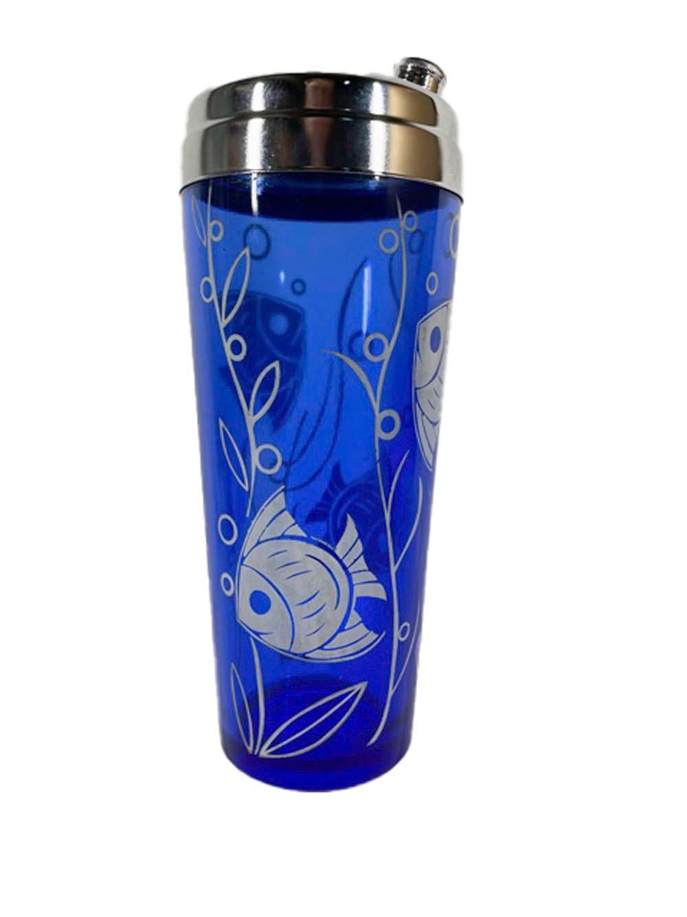 American Art Deco Cobalt Cocktail Shaker and Glasses with Tropical Fish by Hazel-Atlas For Sale