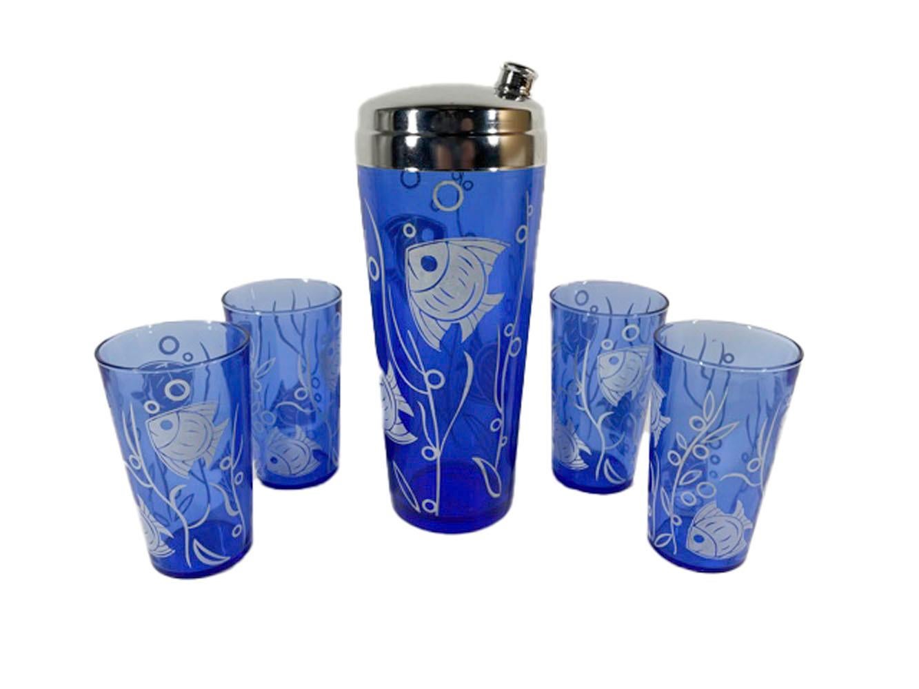 Art Deco Cobalt Cocktail Shaker and Glasses with Tropical Fish by Hazel-Atlas For Sale 1